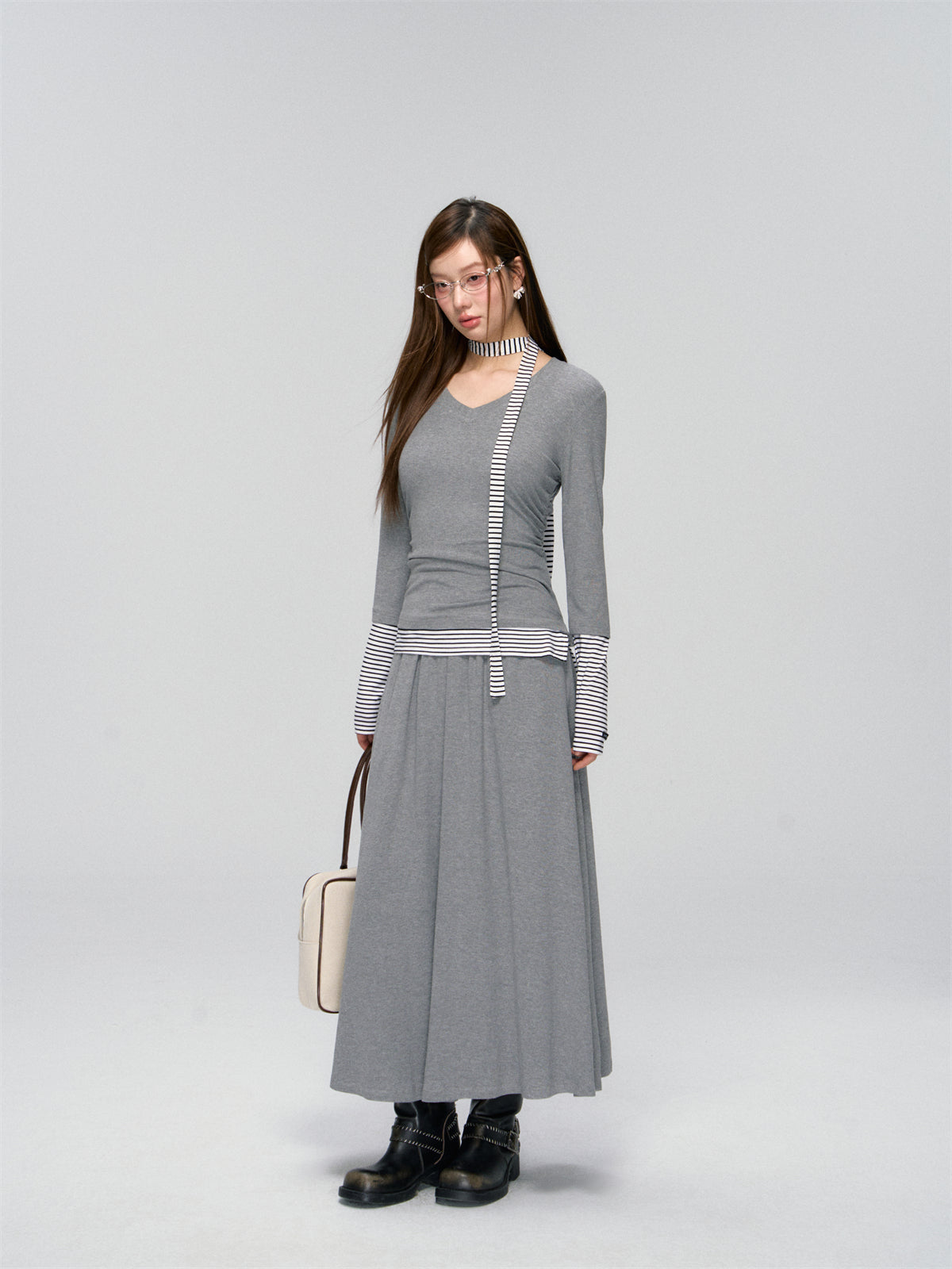 AsGony ASG25008&ASG25009 Slim fit V-neck ribbon base top + skirt set