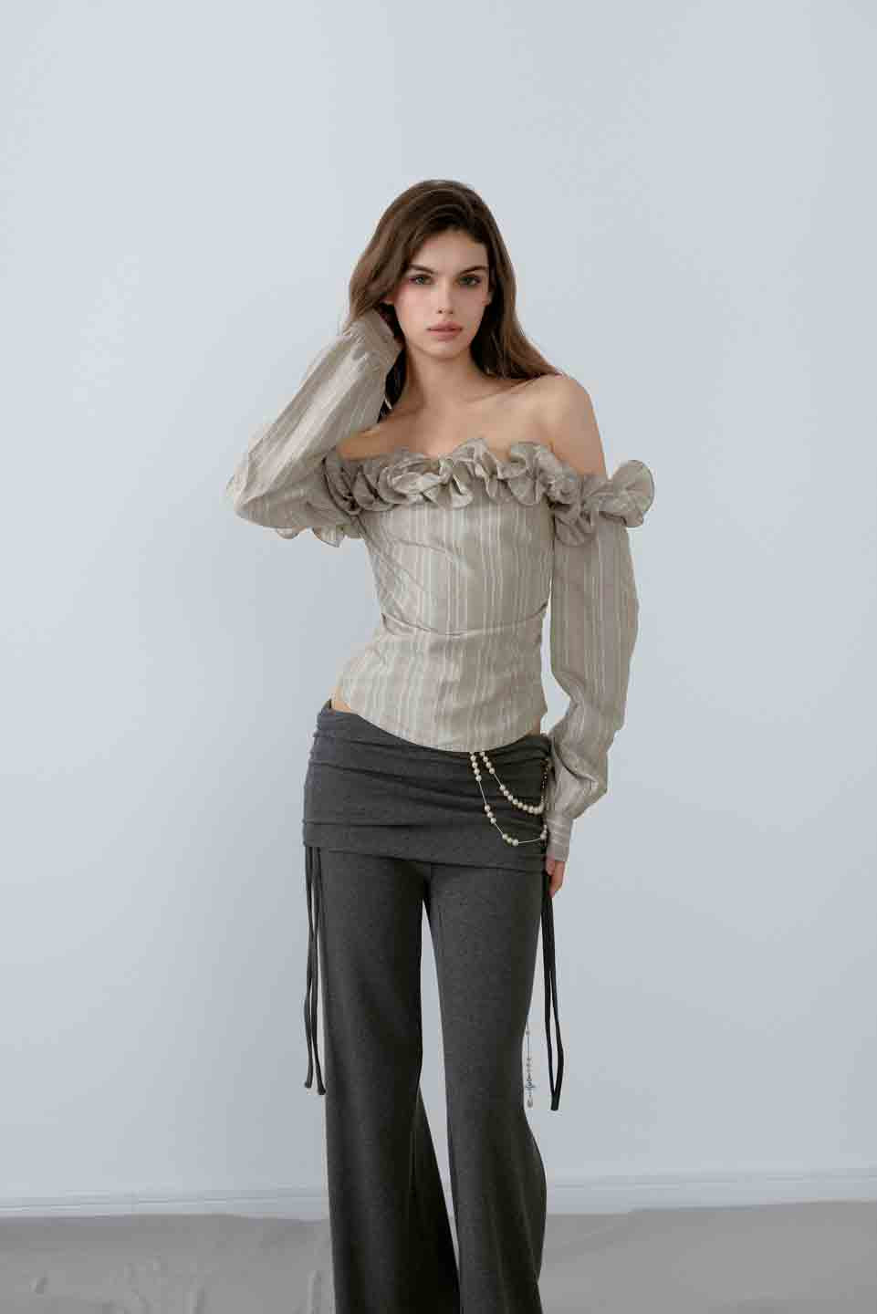 NONCESTNON N221 Striped pleated long sleeved top