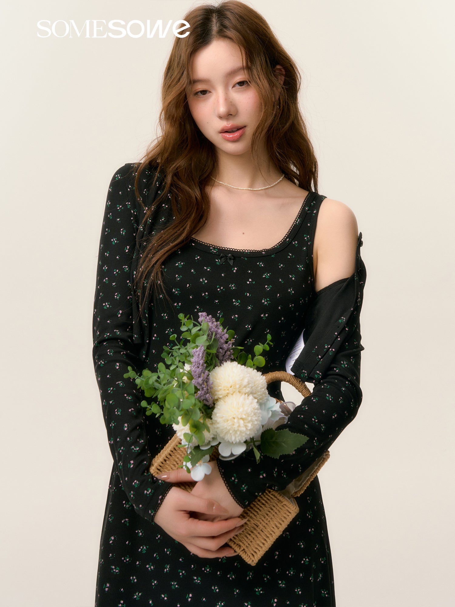 SOMESOWE S2508039&S2508040 Floral knit dress + cardigan set(seperate)