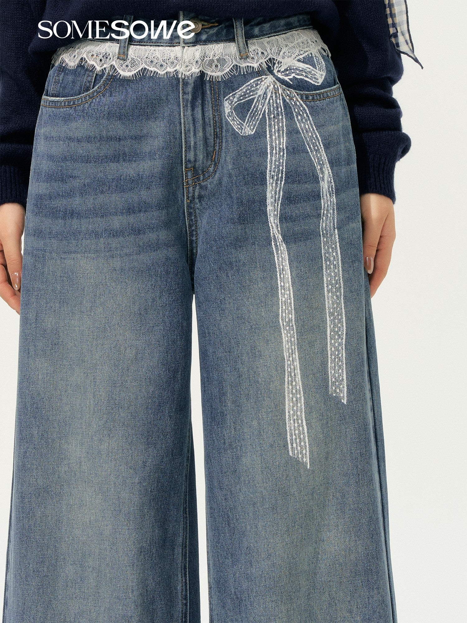 SOMESOWE in stock S2508181 Lace printed wide leg denim pants