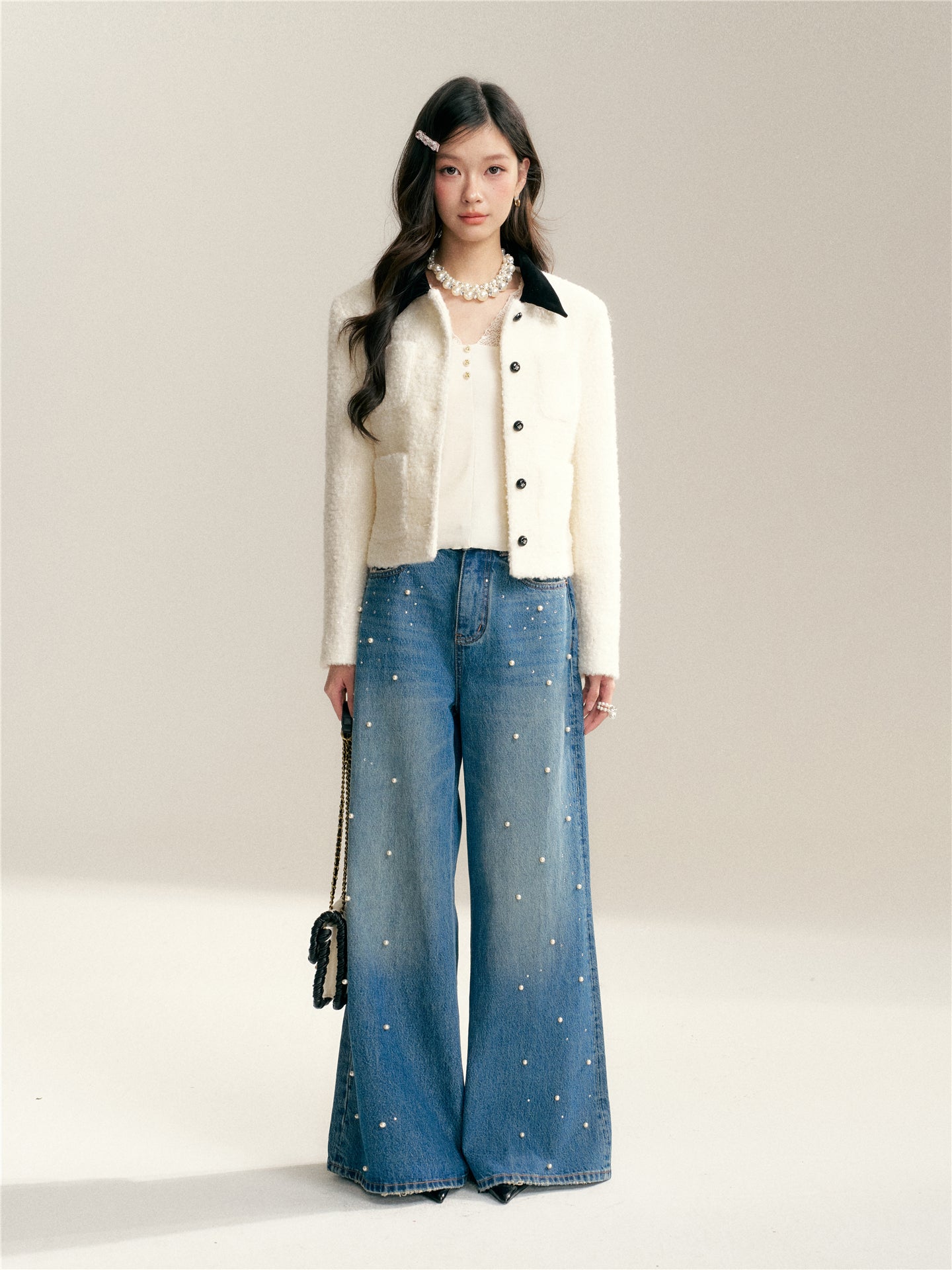 16DEWS 16D26004 Color blocking lapel texture short jacket