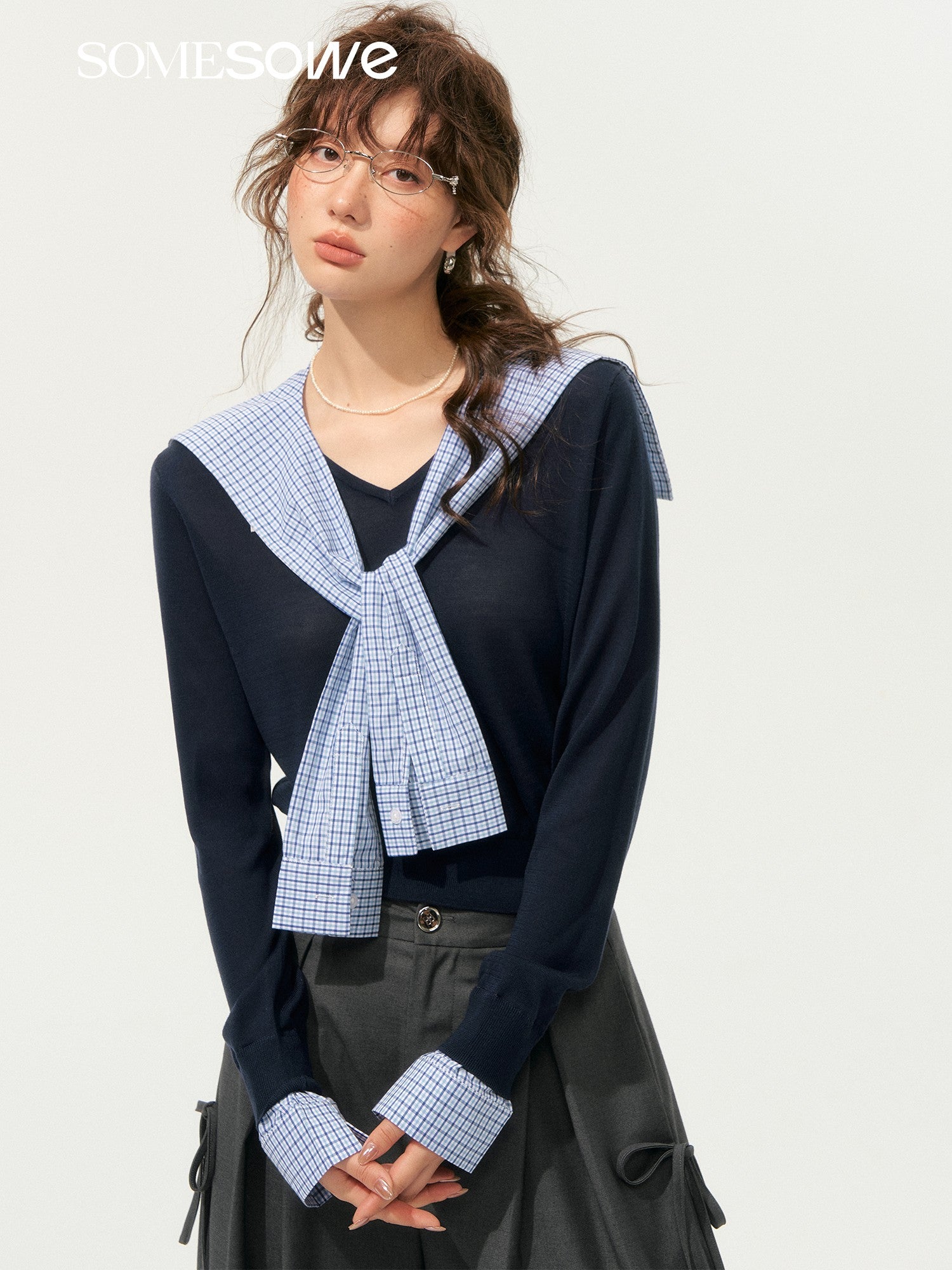 SOMESOWE S2508182 Sailor collar spliced knit top