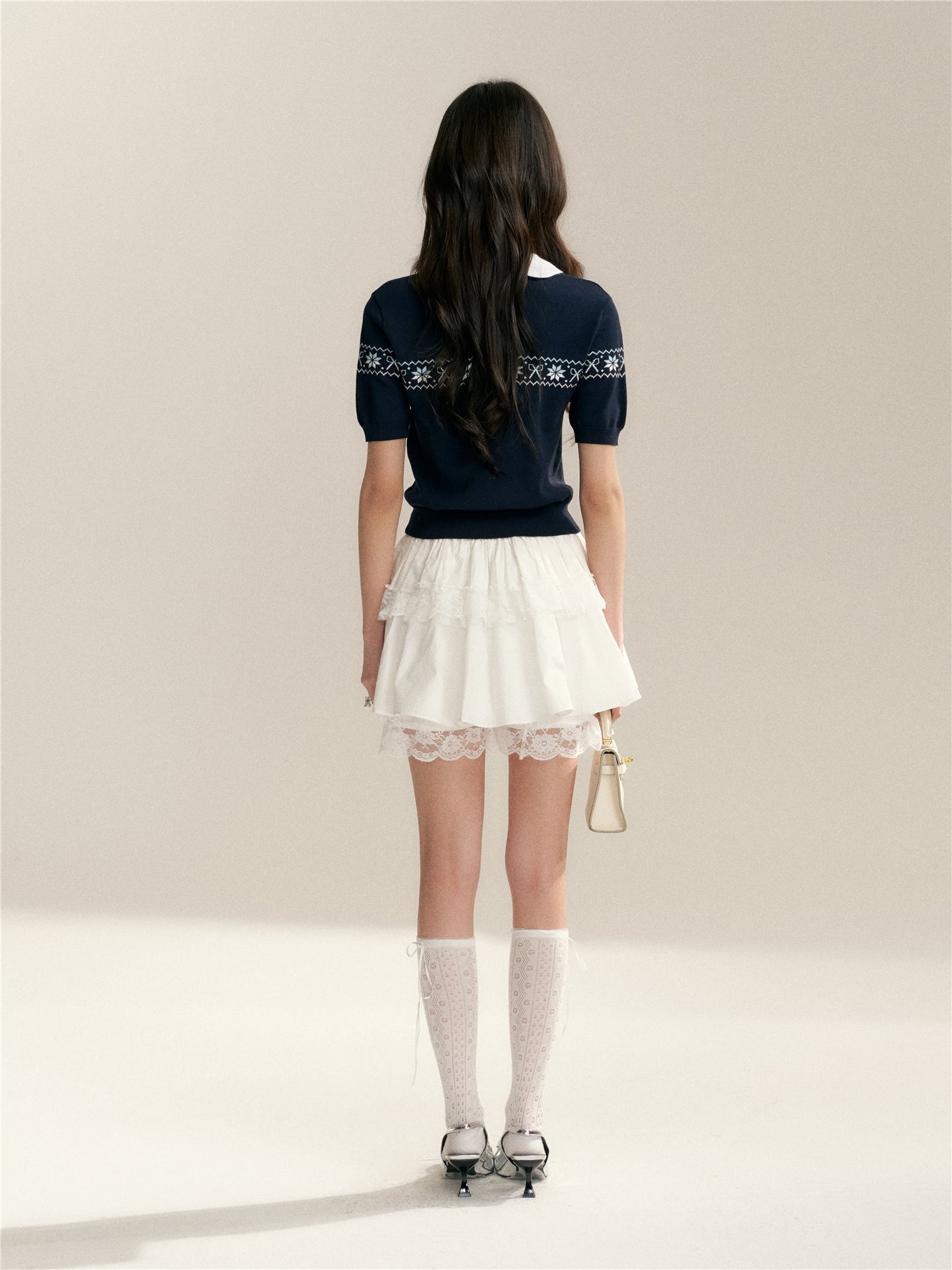 16DEWS 16D246070 Color blocked doll neck Fer Island short sleeved knit sweater