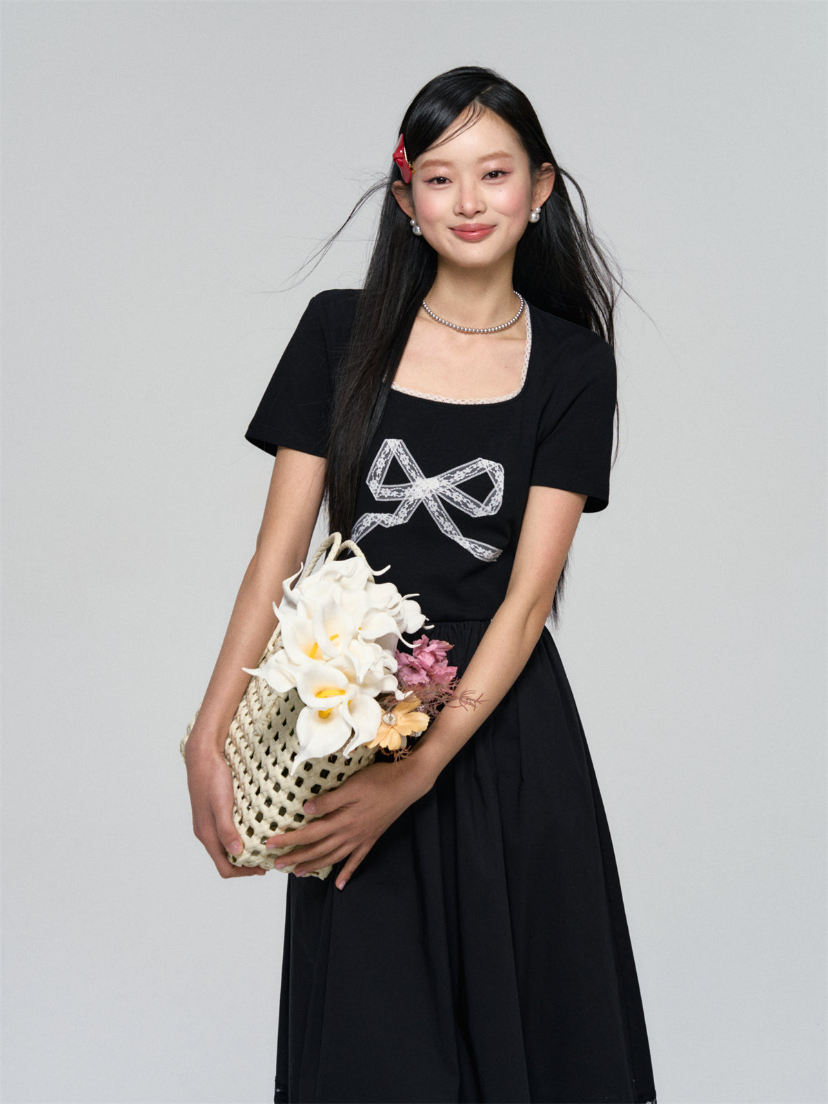 AsGony ASG25055U Splicing lace bow dress