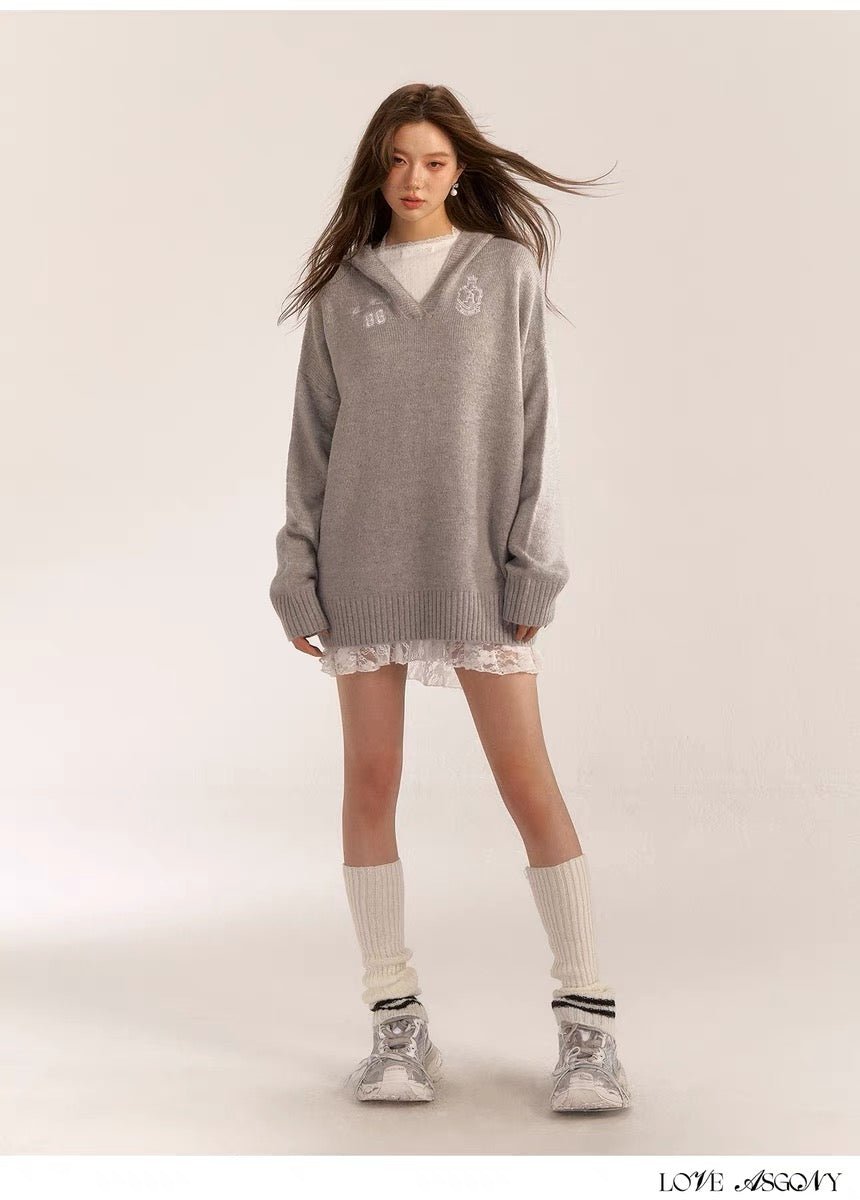 AsGony ASG24554/ASG24553 Grey Sweater & Lace Dress