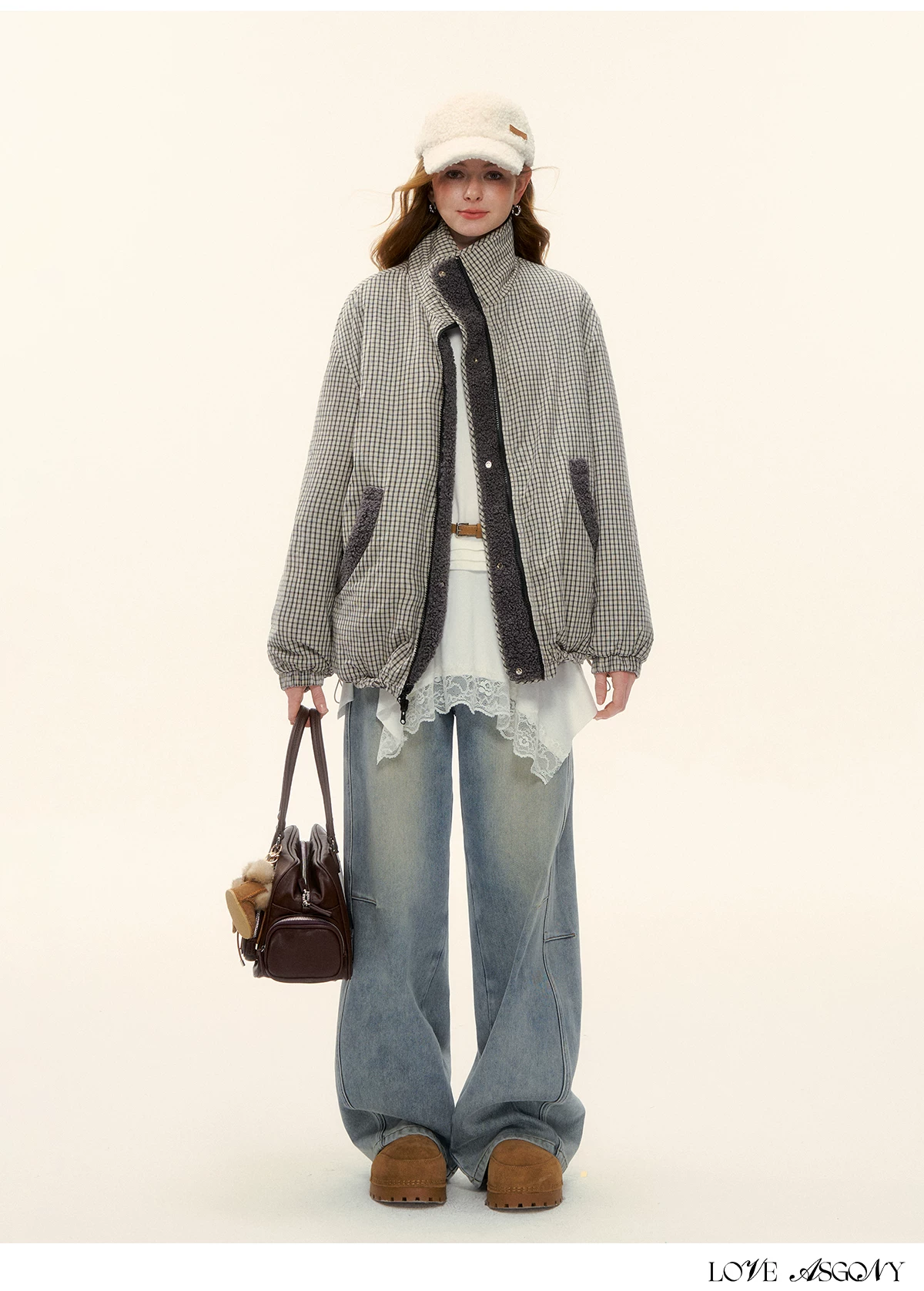 AsGony ASG25616 Gray plaid fleece jacket