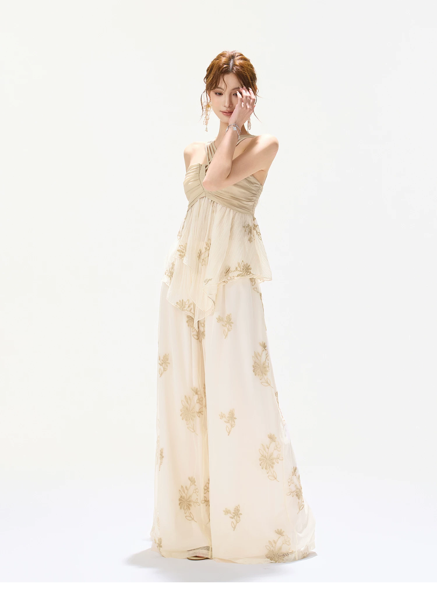CYNR Soft Chiffon Halter Wide Leg Pants Set
