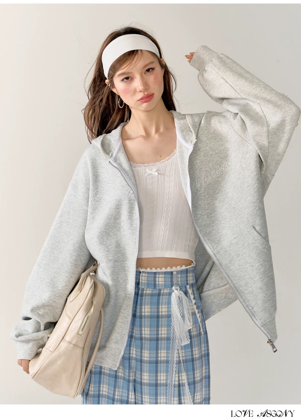 AsGony Grey Oversized Pearl Hoodie 24449