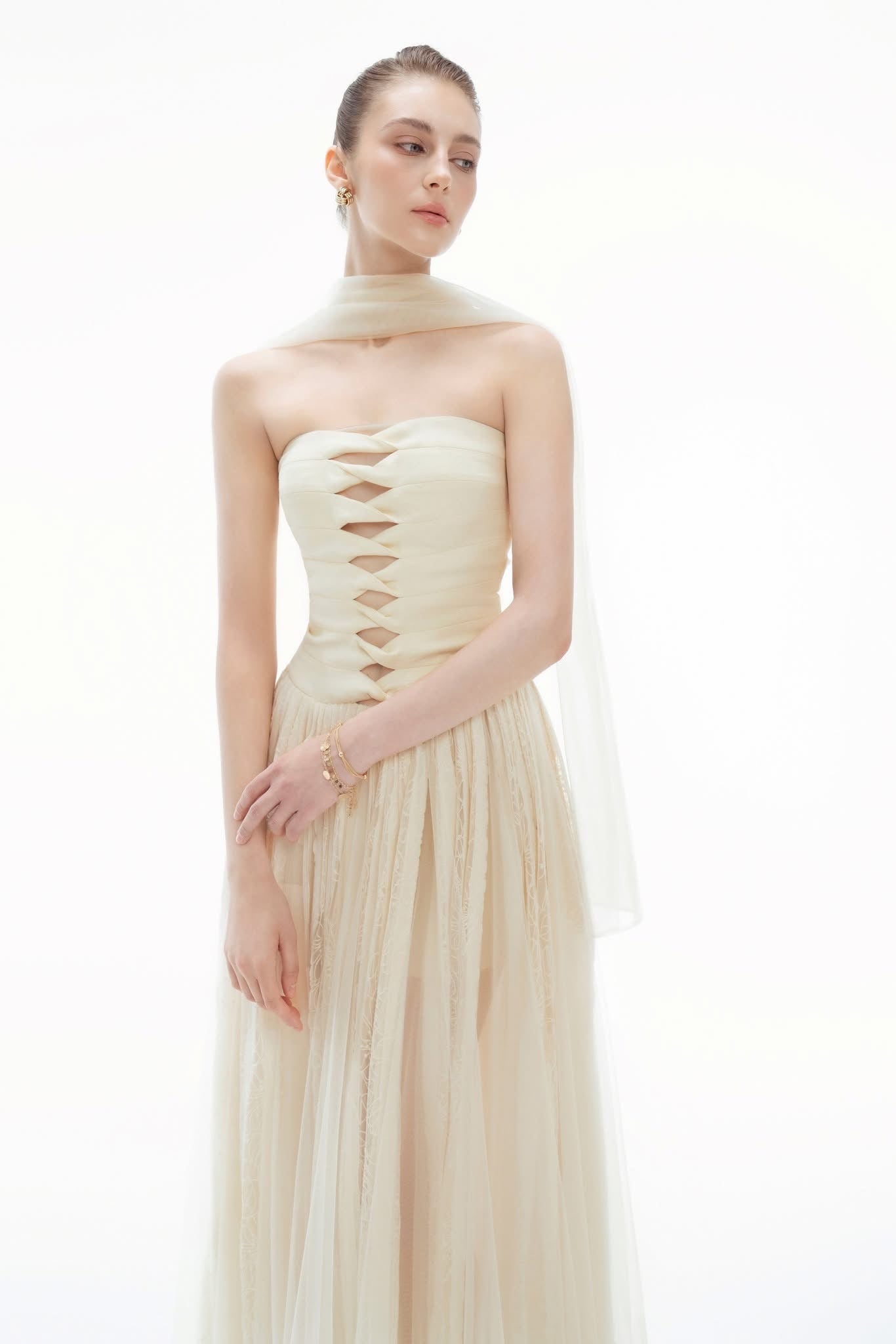 BYDENIO Elizabeth strapless lace mesh dress