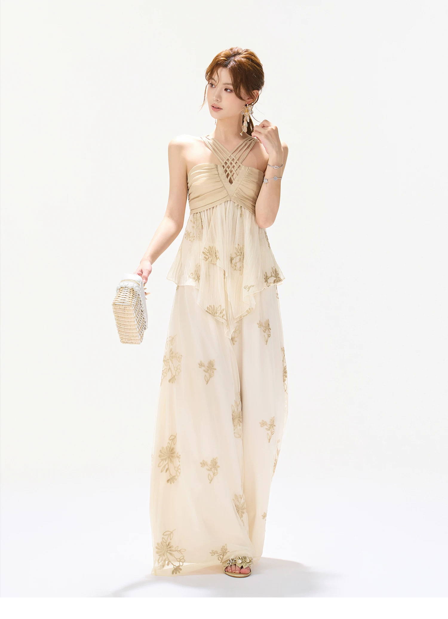 CYNR Soft Chiffon Halter Wide Leg Pants Set