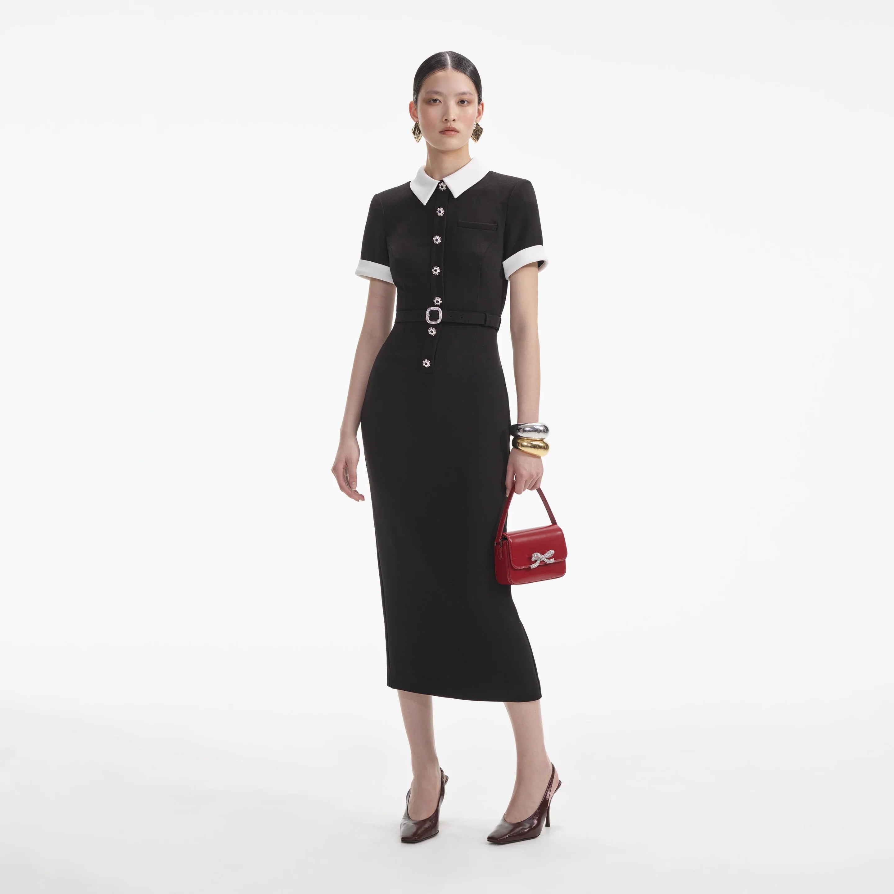 Self-Portrait SALE Black Crepe Contrast Midi Dress
