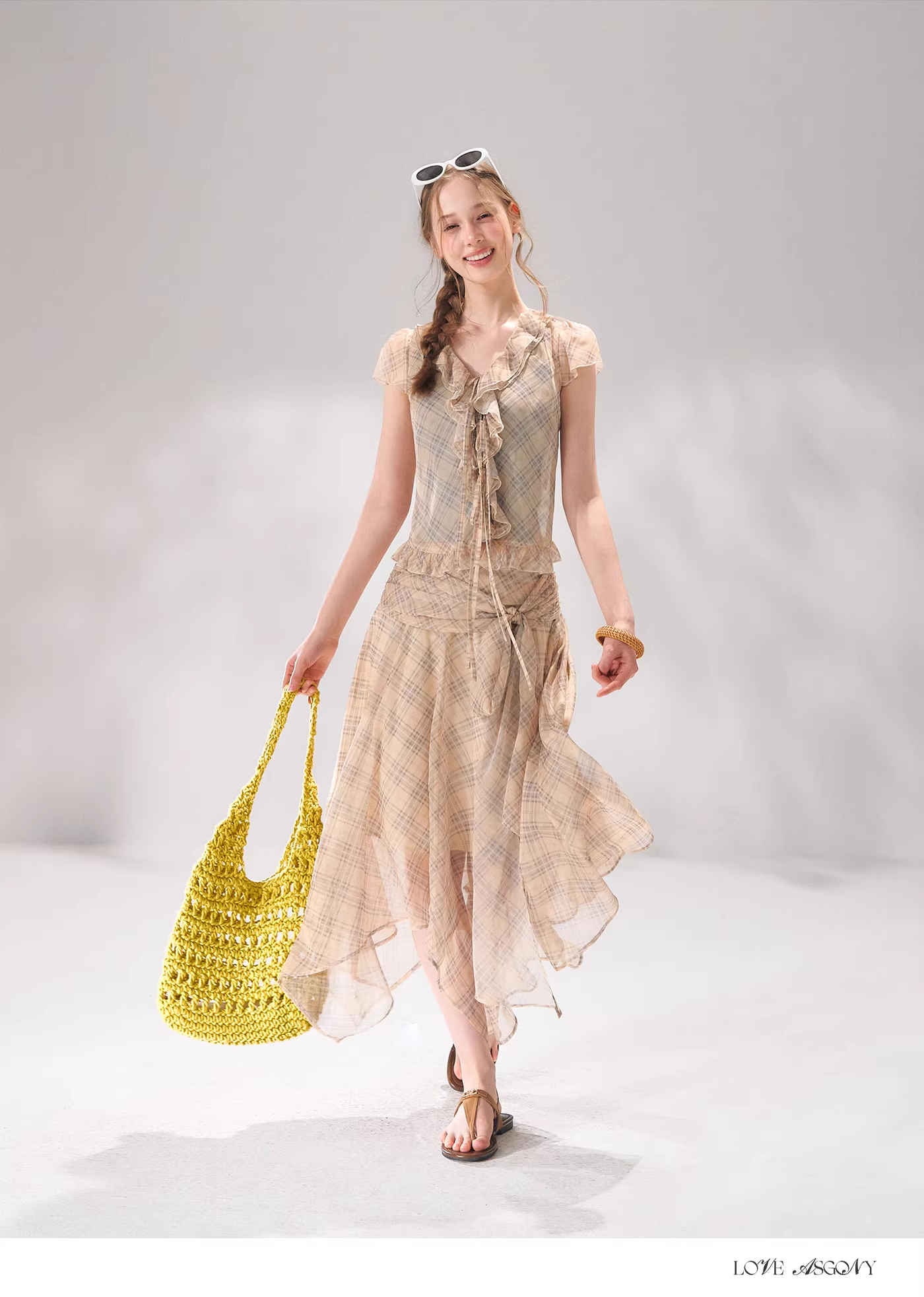 AsGony ASG26065&ASG26066 Tie up plaid chiffon top + skirt