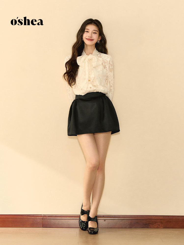 OShea Lace shirt + Black satin puffy skirt