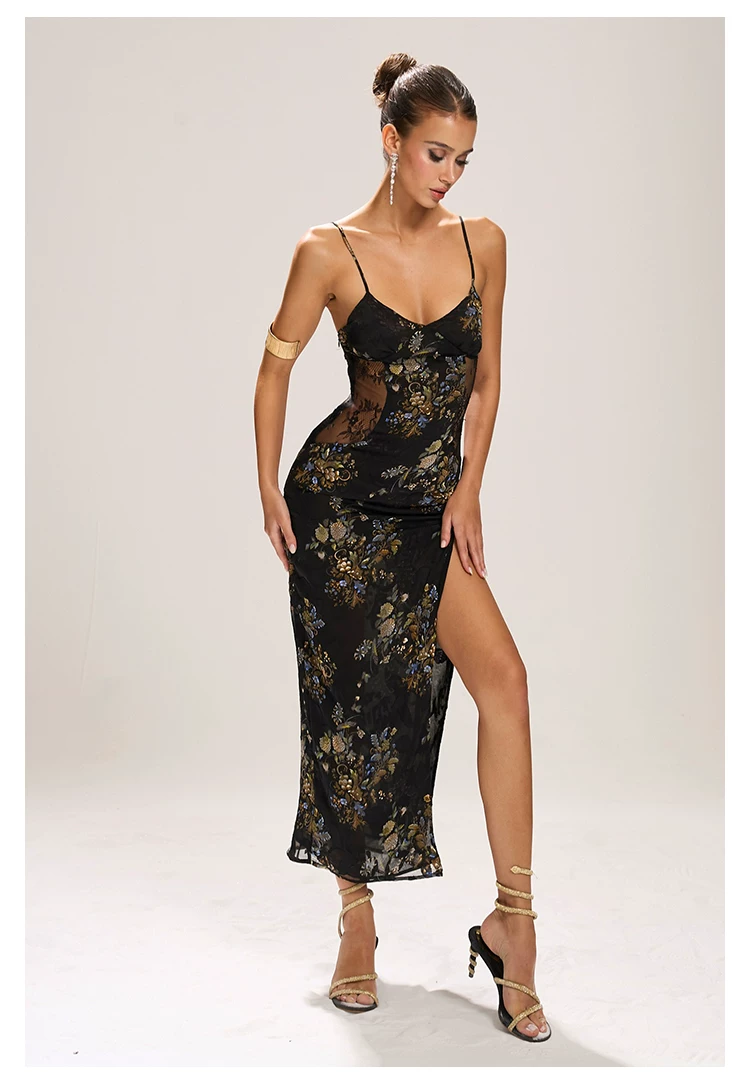 FIND YA WINGS Sheer Mesh Cut-out Waist Panel Midi Dress