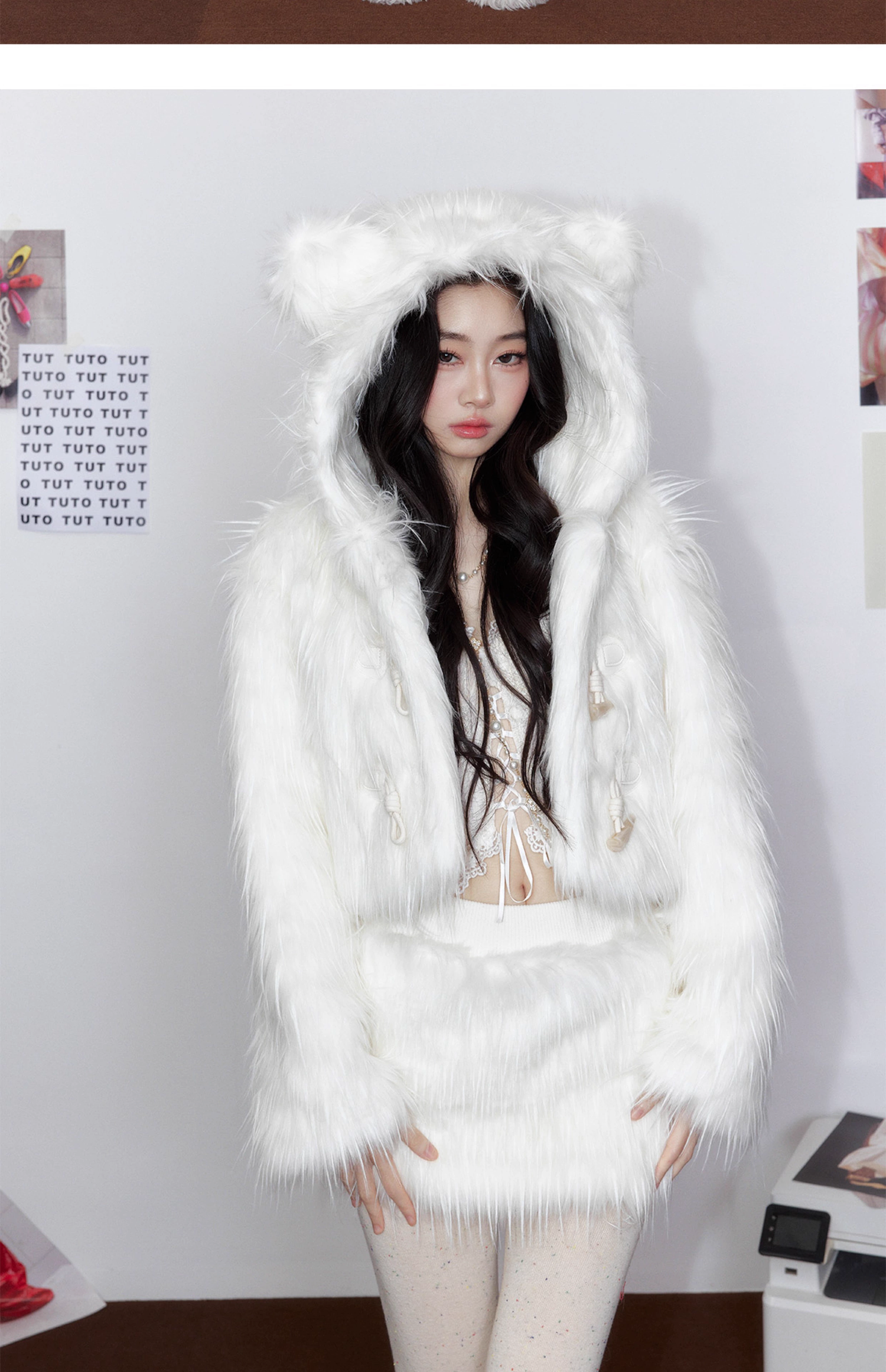 Tut tuto Cloud Bear hooded fur coat + skirt set