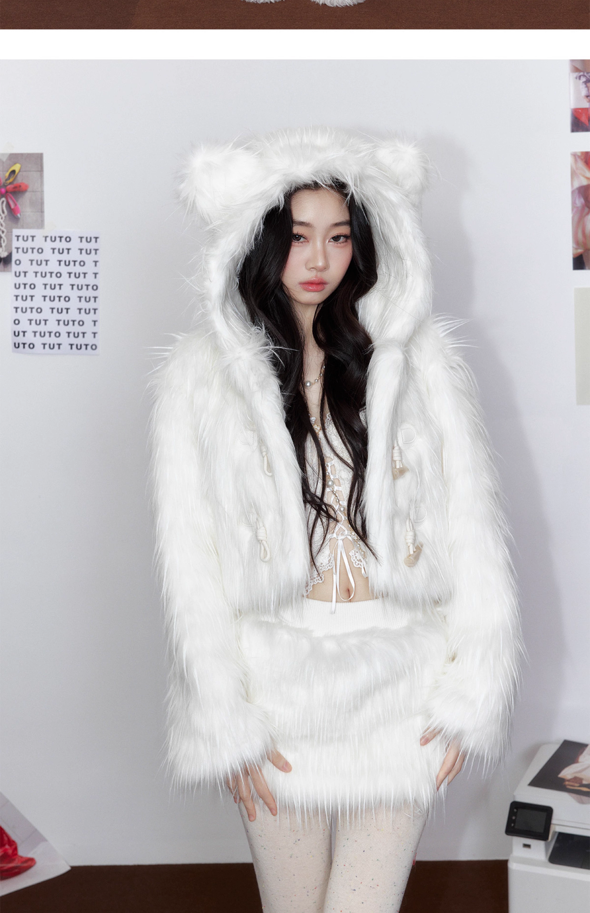 Tut tuto Cloud Bear hooded fur coat + skirt set