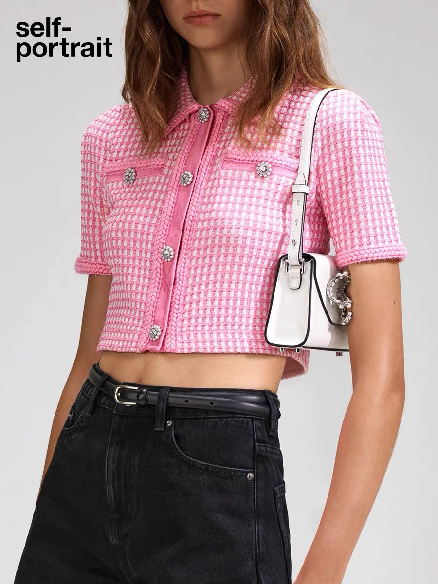 Self-Portrait PINK GRID KNIT TOP