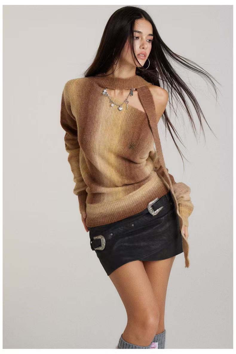 VIA PITTI V24DK246 Offe-shoulder ribbon gradient knit top(3color)