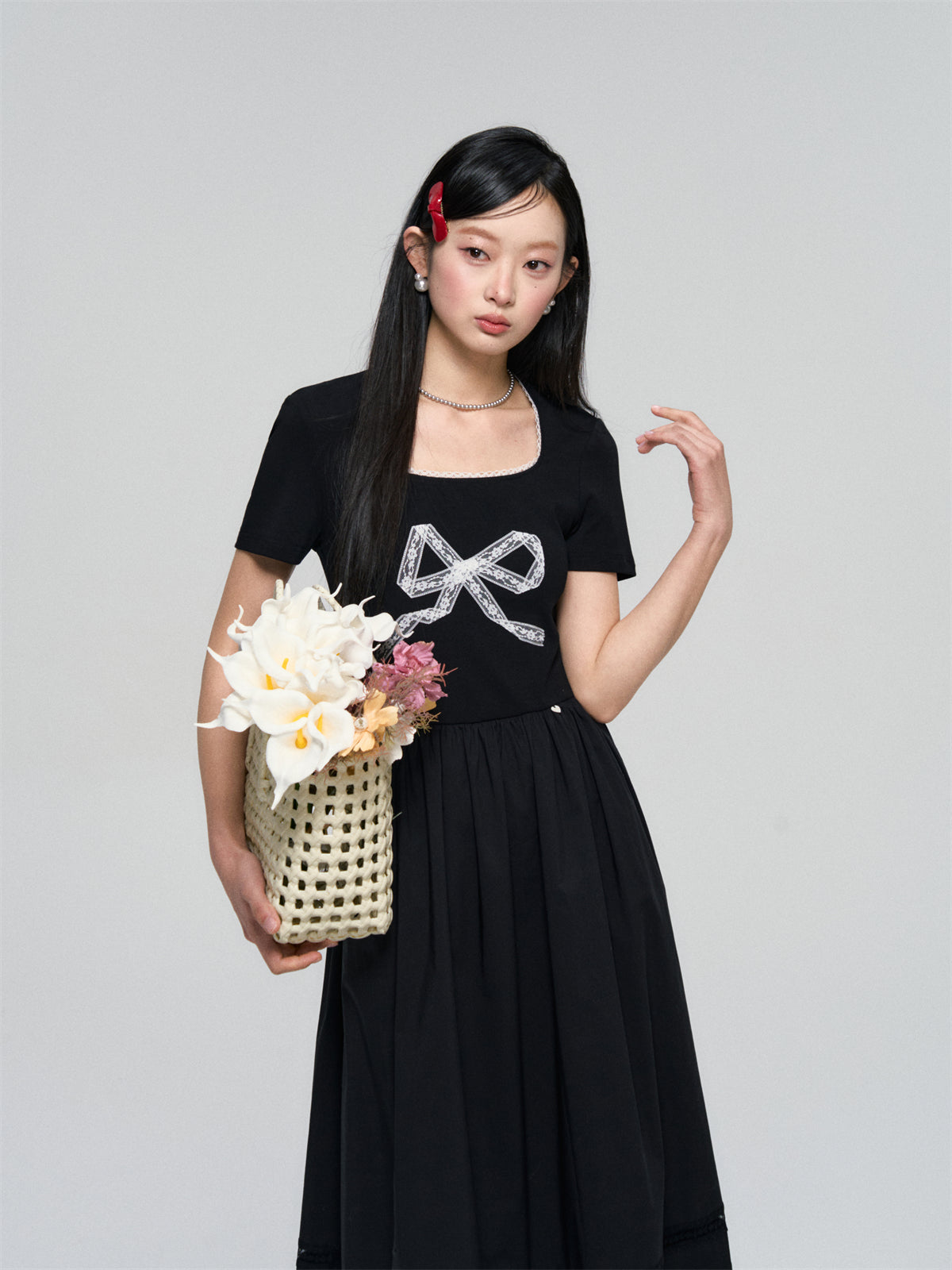 AsGony ASG25055U Splicing lace bow dress