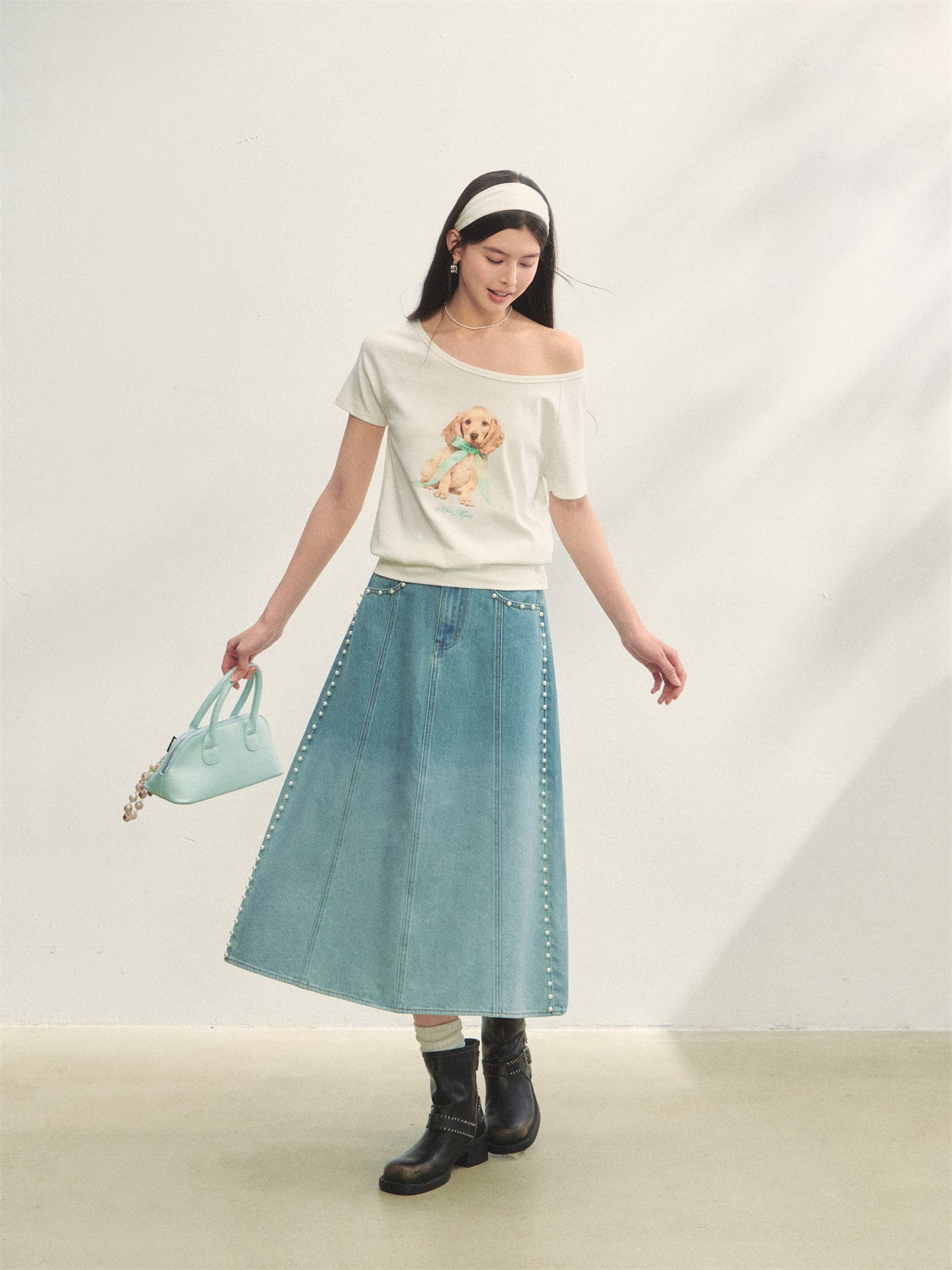 AsGony ASG25276 Pearl decoration gradient denim skirt