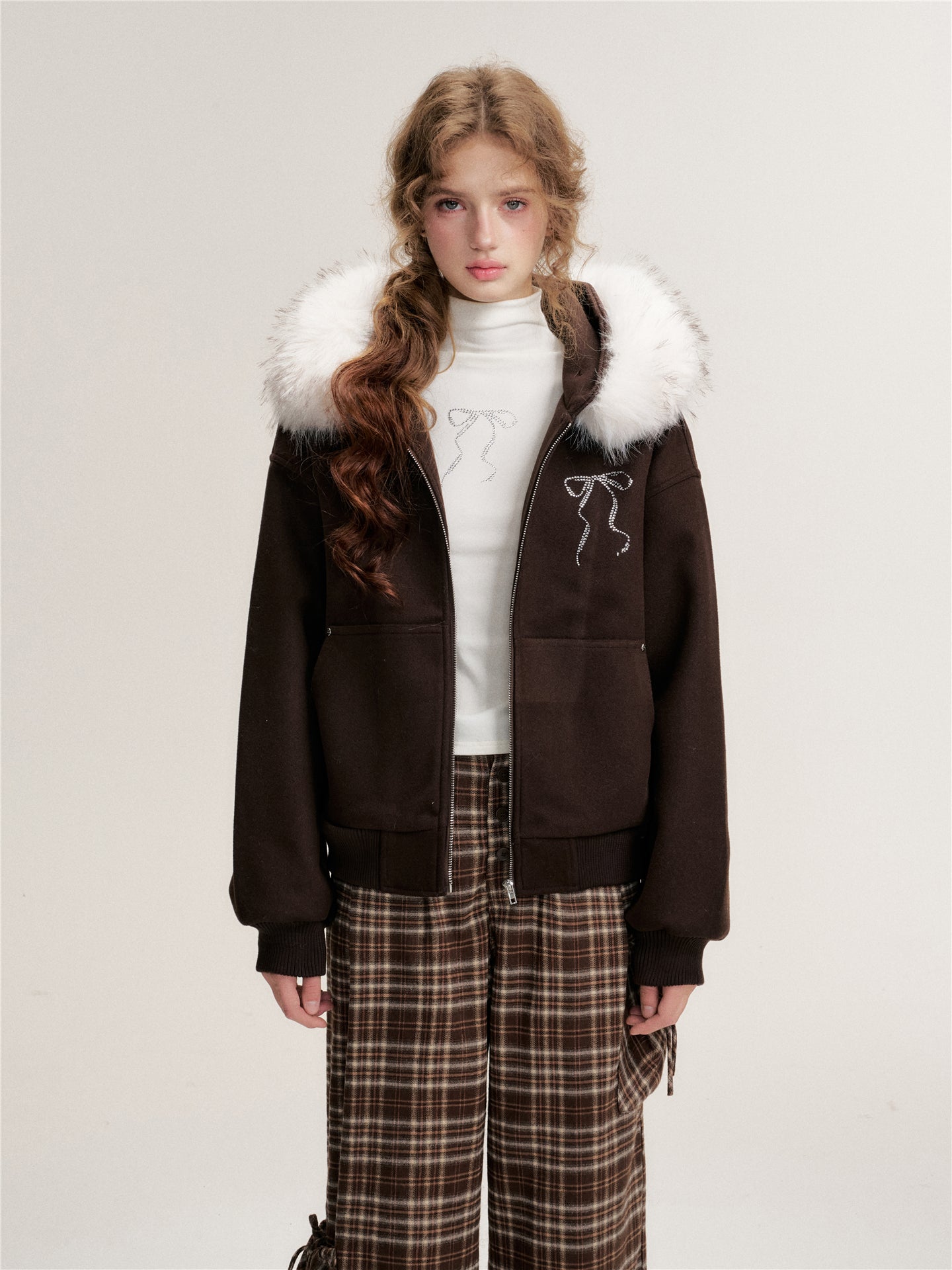 16DEWS 16D25487 Detachable faux fur collar woolen sweatshirt jacket
