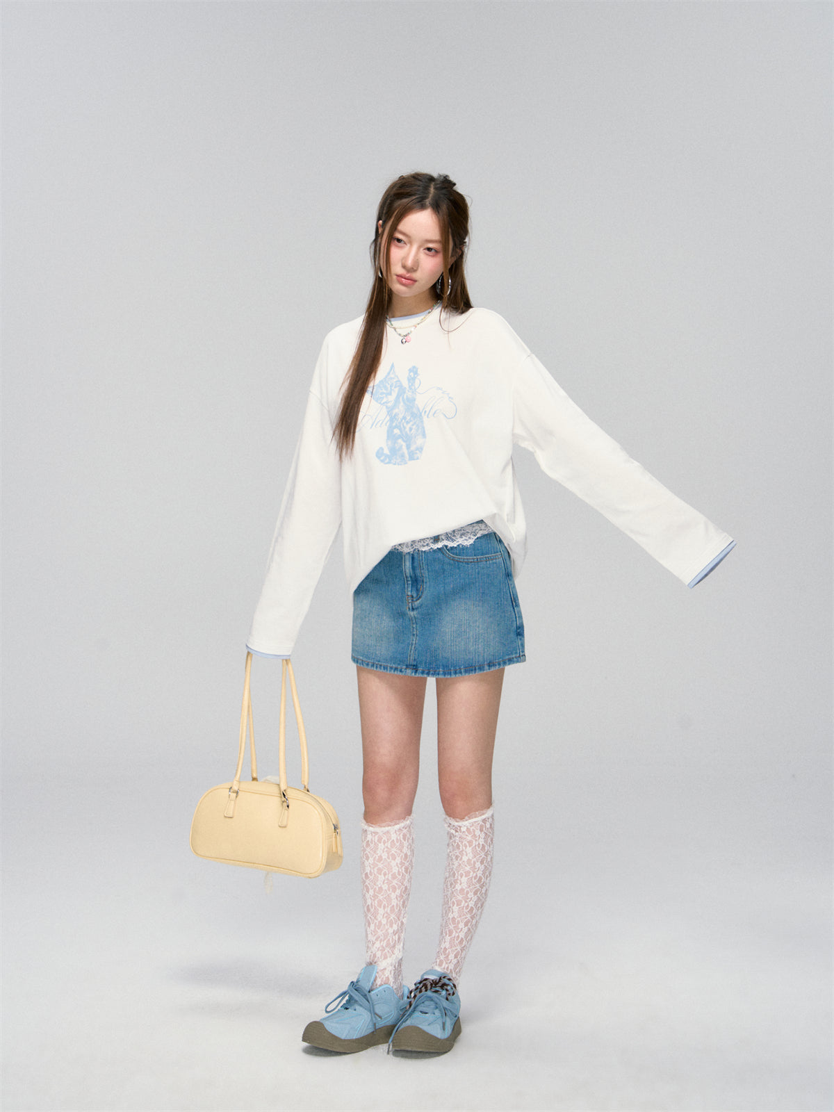 AsGony ASG25027 Lace patchwork denim pantskirt