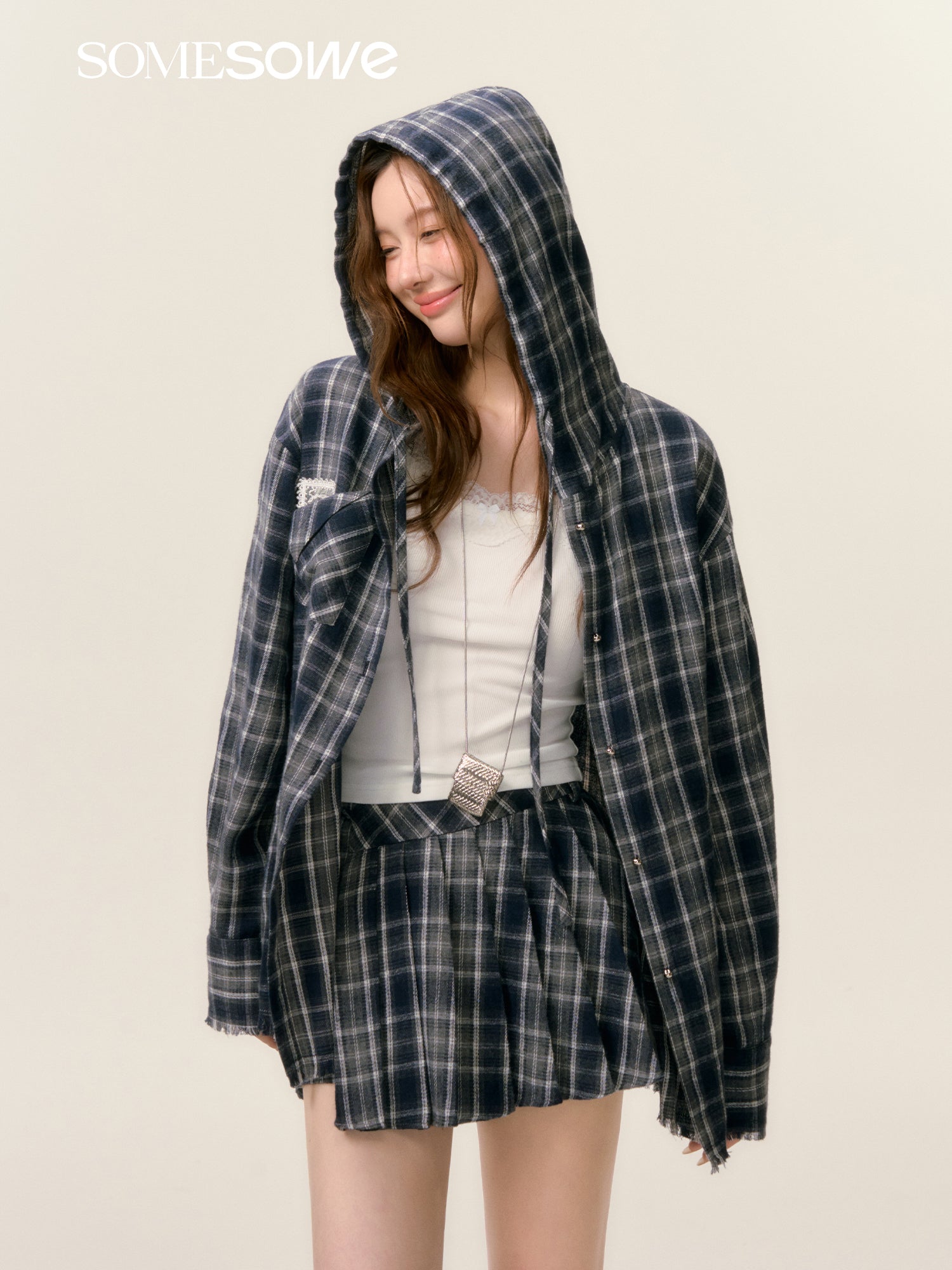 SOMESOWE S2508025&S2508026 Plaid hooded shirt + shorts set(seperate)
