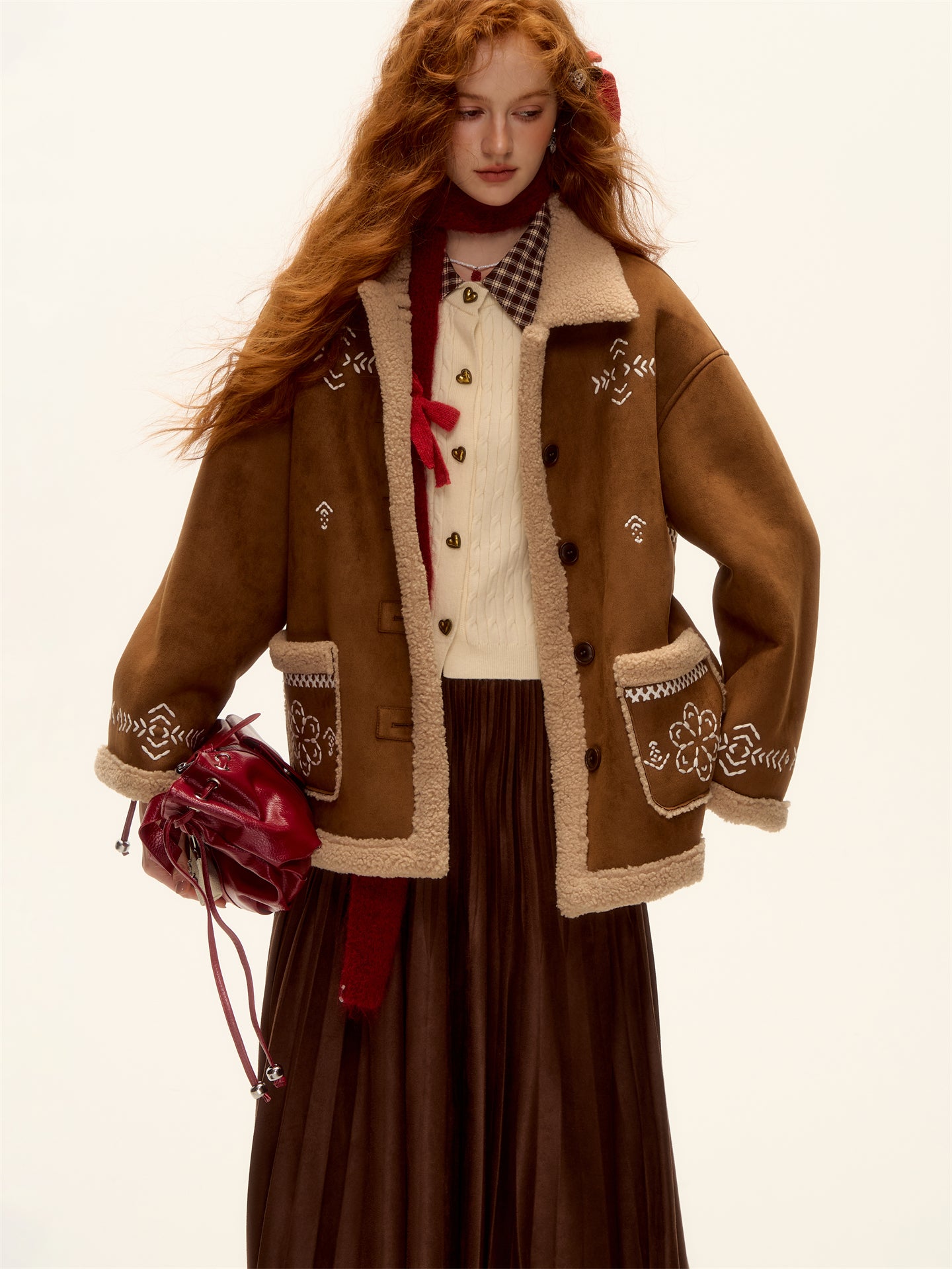AsGony ASG25457 Embroidered fur lamb coat
