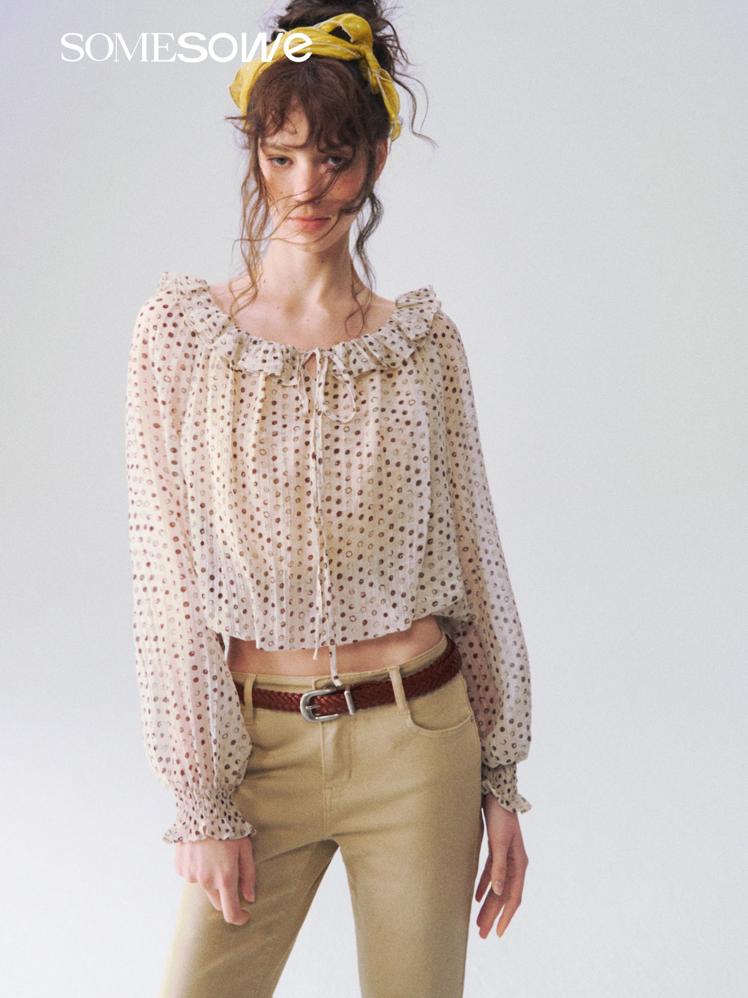 SOMESOWE S2609100 French style off shoulder polka dot ruffle top