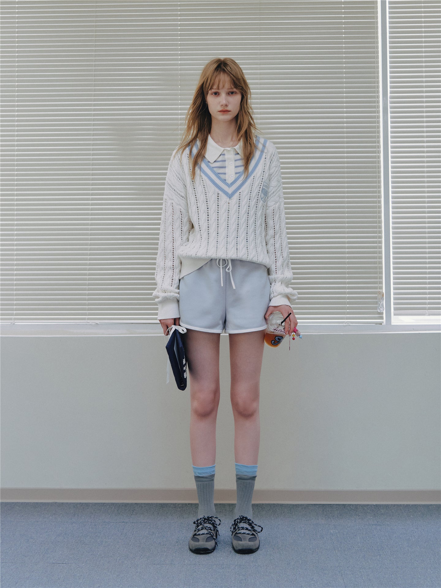 Asgony ASG26546 Cotton V-Neck Openwork Cable Knit Sweater