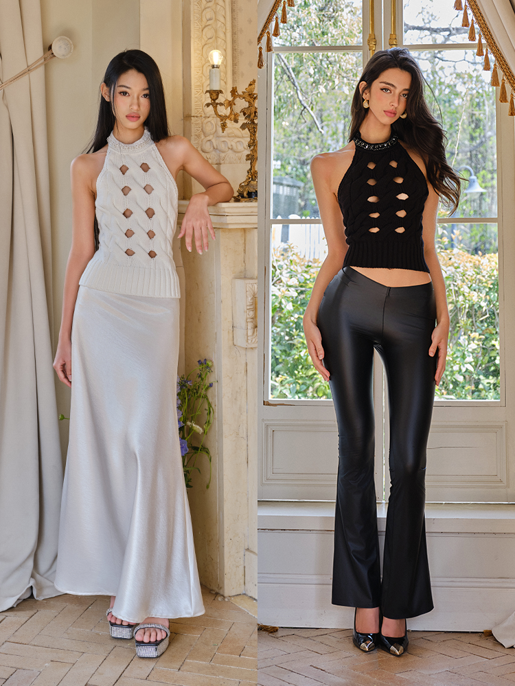 FIND YA WINGS Knitted hollow halter neck top (2color)