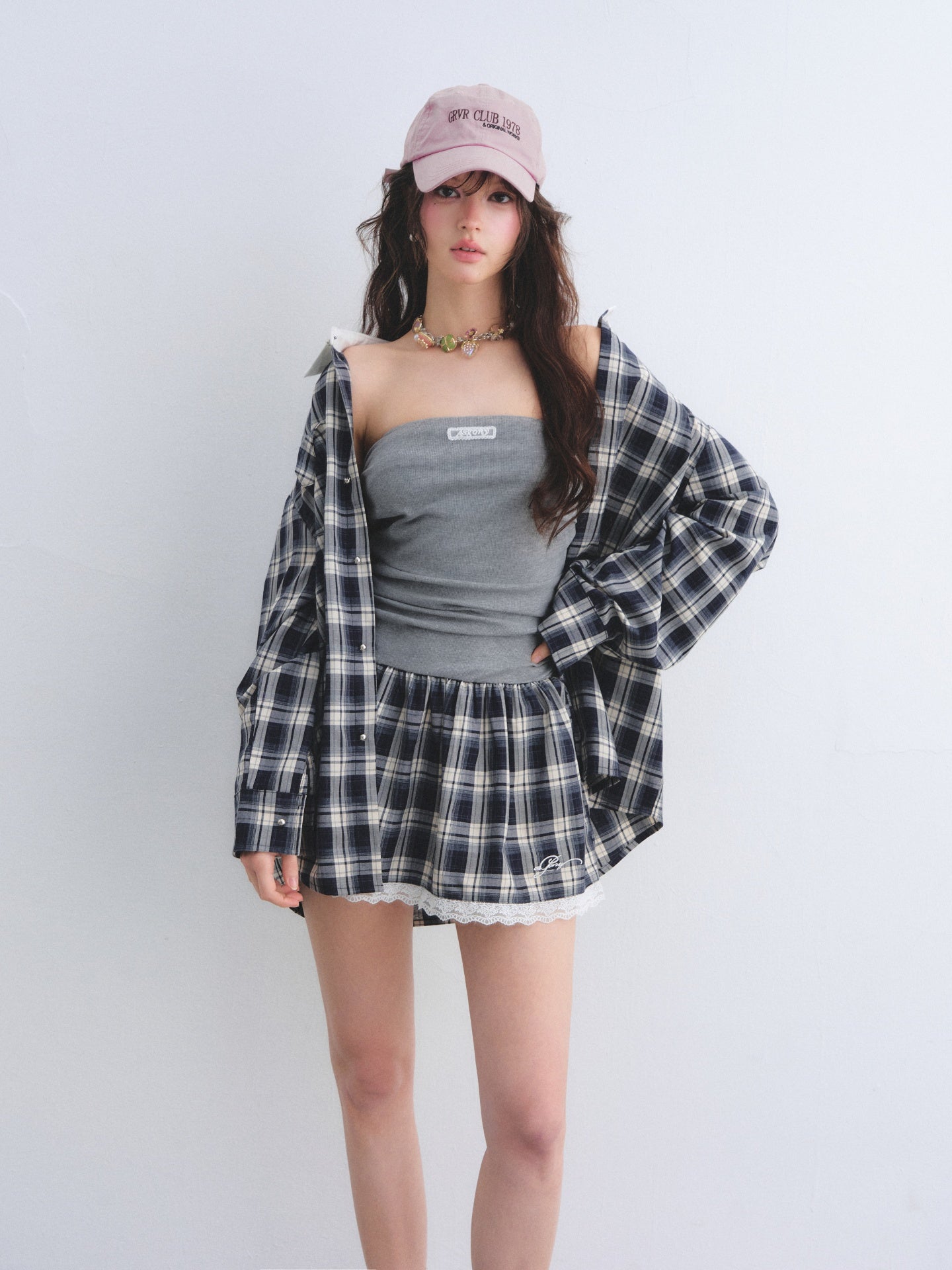 AsGony ASG26010&ASG26011 Strapless pleated plaid patchwork lace dress + shirt