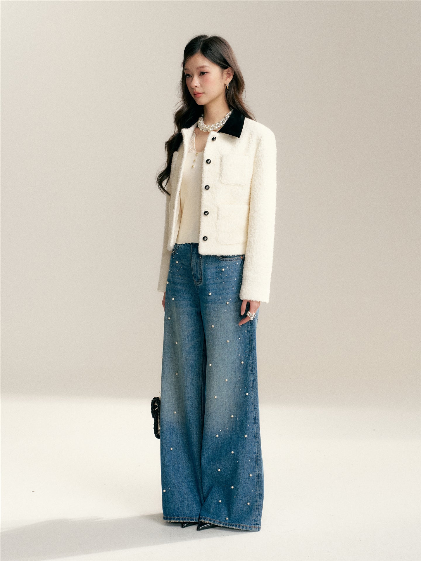 16DEWS 16D26004 Color blocking lapel texture short jacket