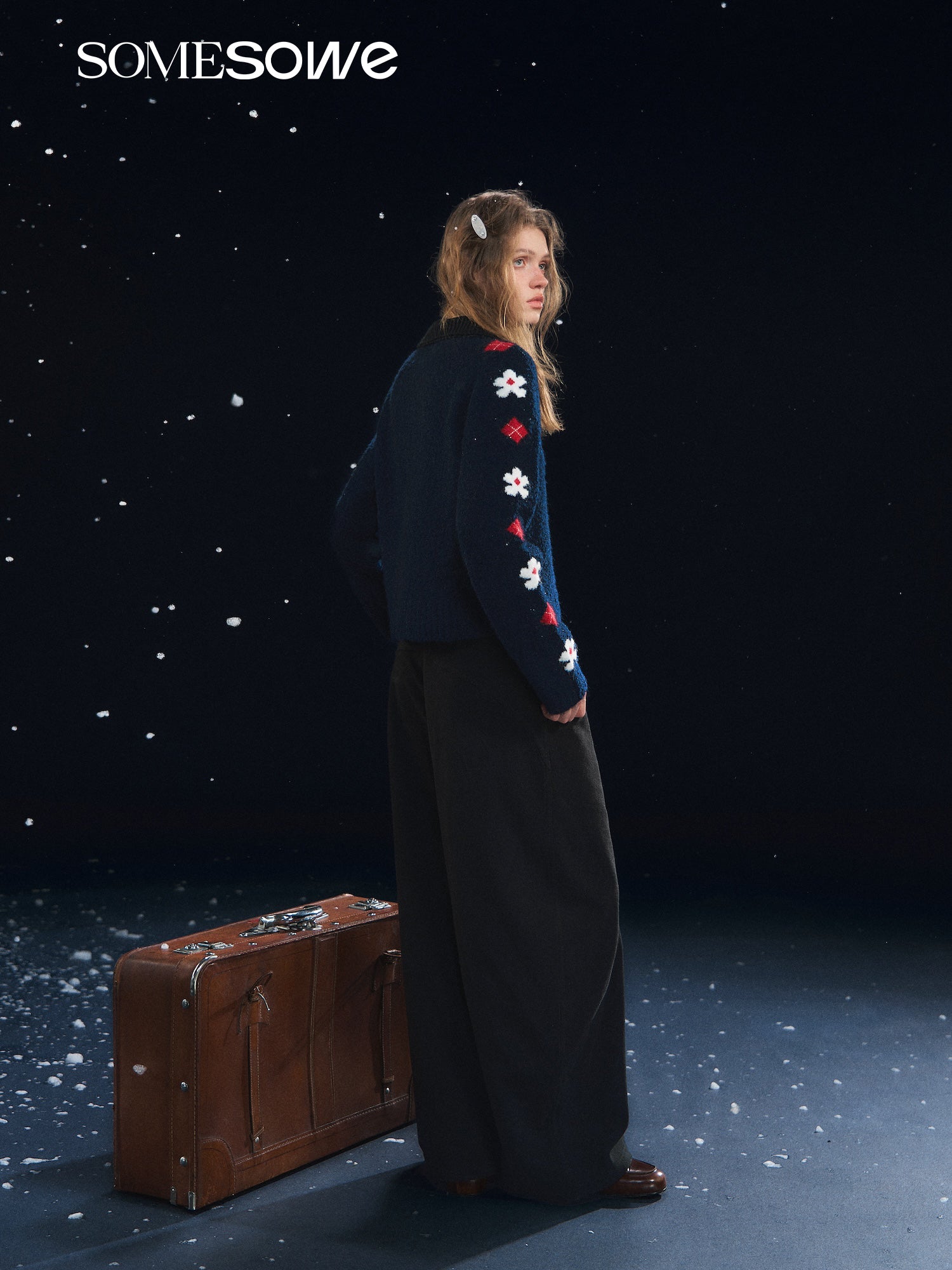 SOMESOWE S2508314 Retro Flower Jacquard Notched Collar Cardigan