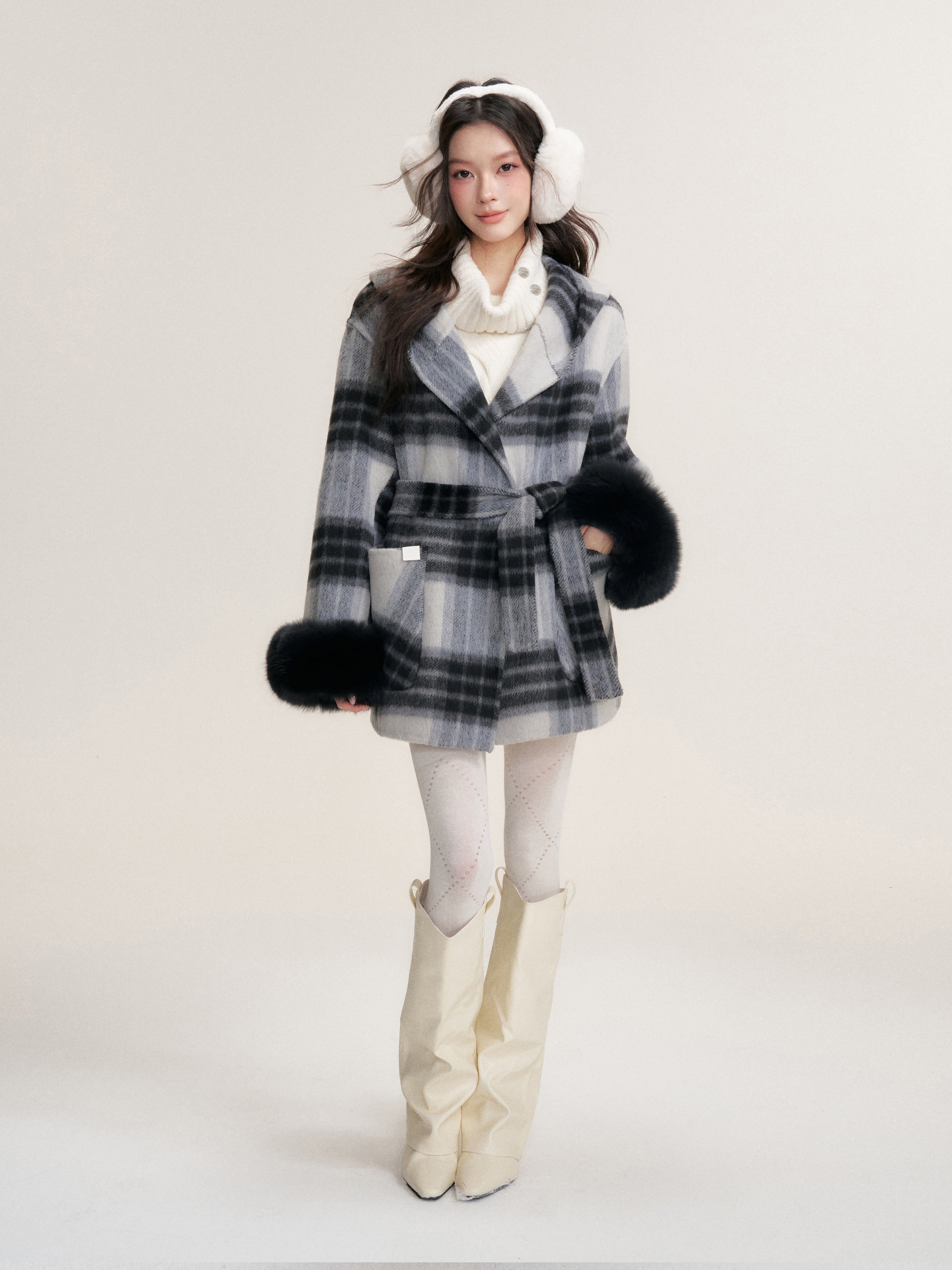 16DEWS 16D25456 Plaid hooded double-sided wool coat