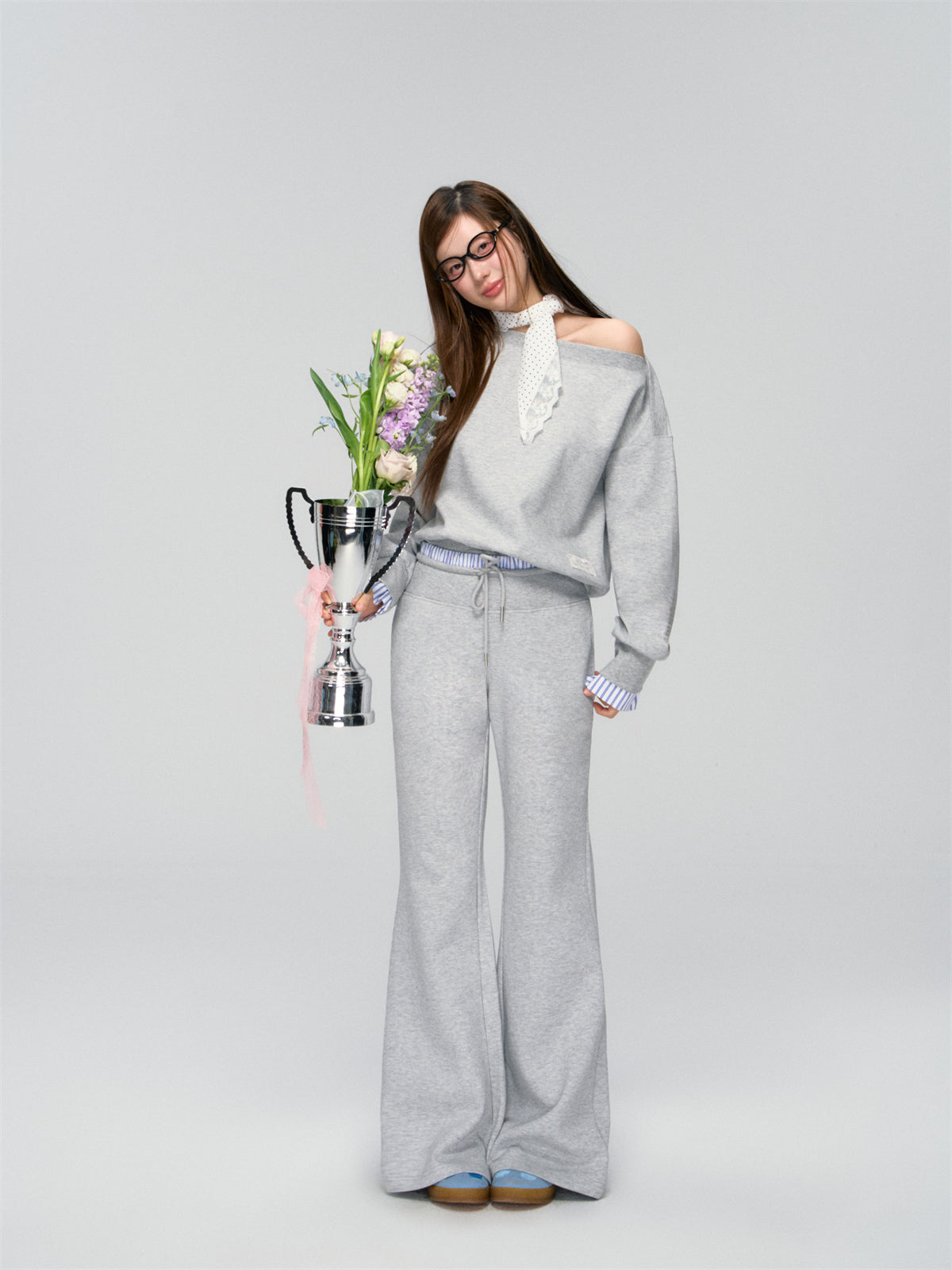 AsGony ASG25006&ASG25007 Splicing striped lace hoodie + pants set