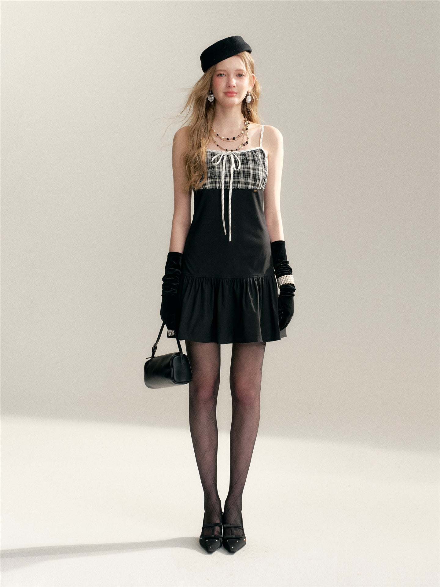 16DEWS 16D246064 Plaid patchwork camisole dress