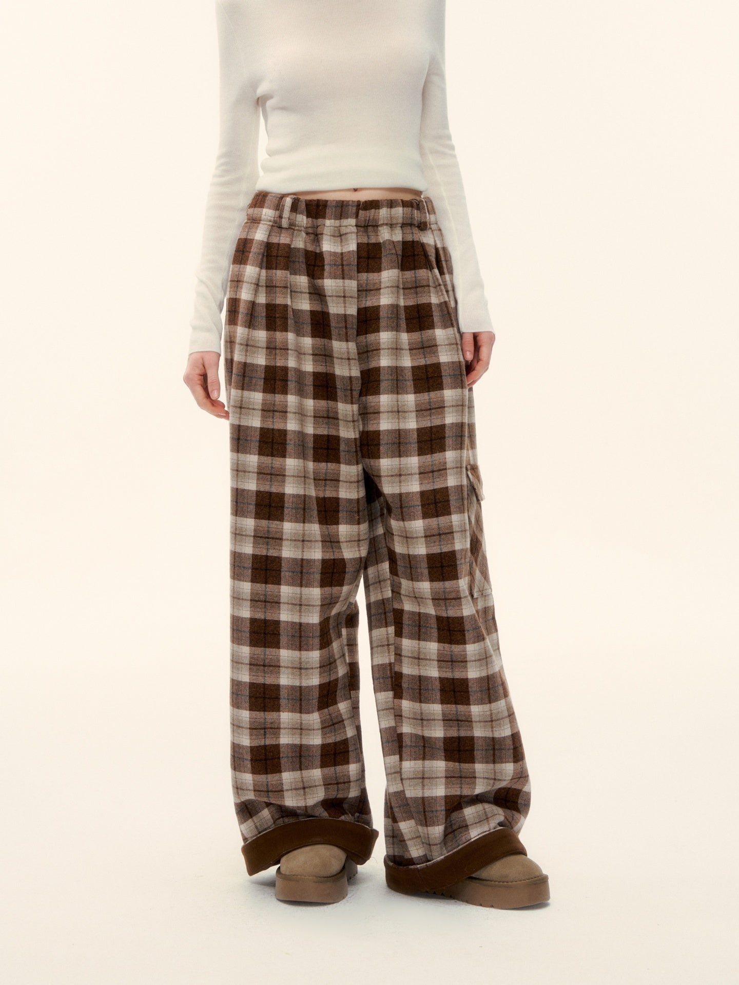 AsGony ASG25629 Elastic plaid wide leg casual pants