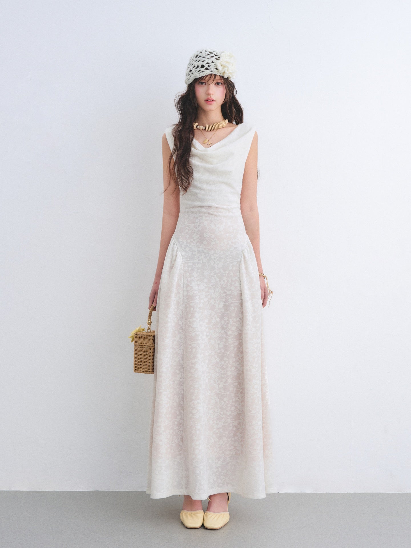 AsGony ASG26029 Swing collar lace jacquard waist cinching dress