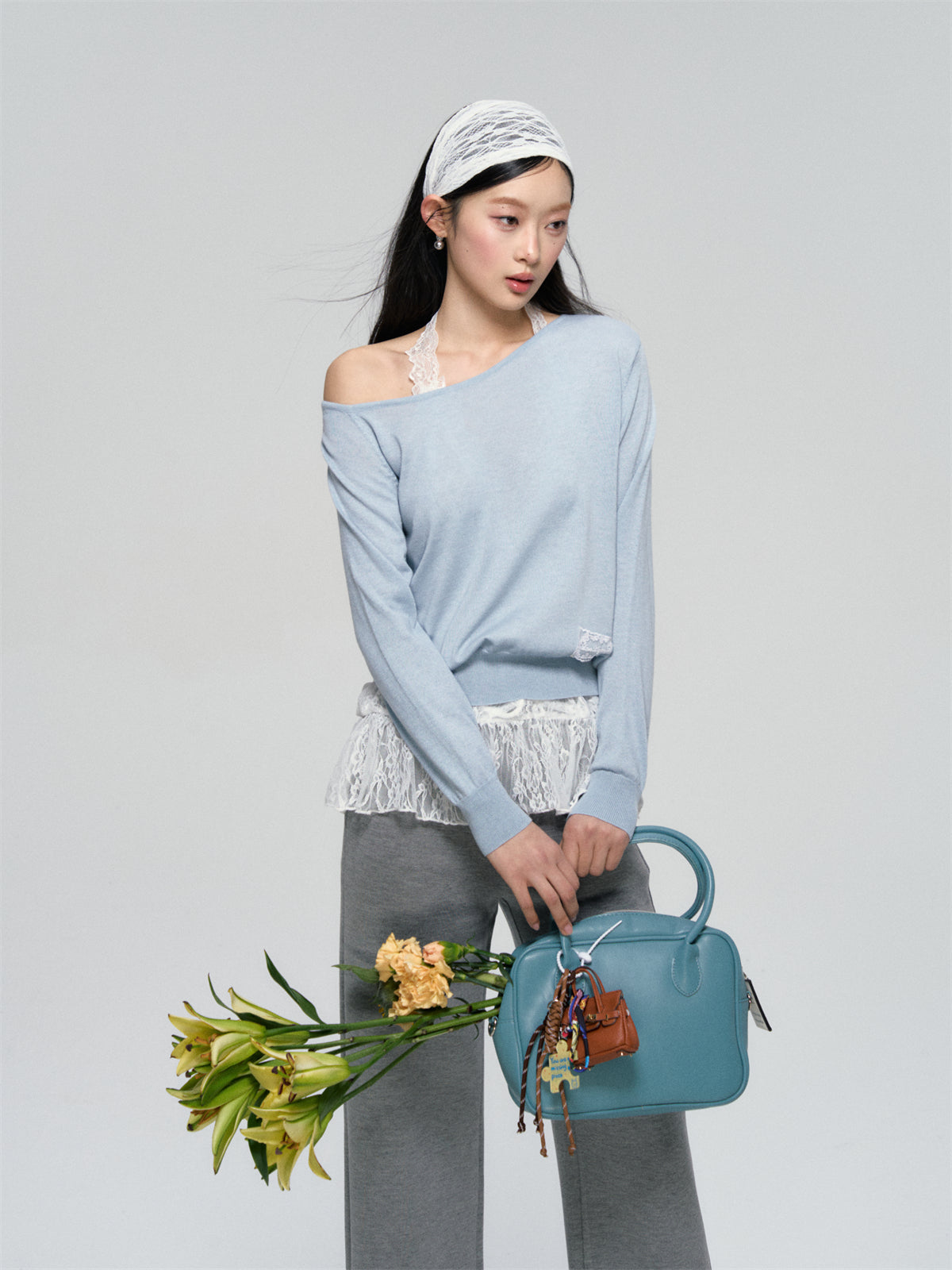 AsGony ASG25082 Lace strap knit two-piece set