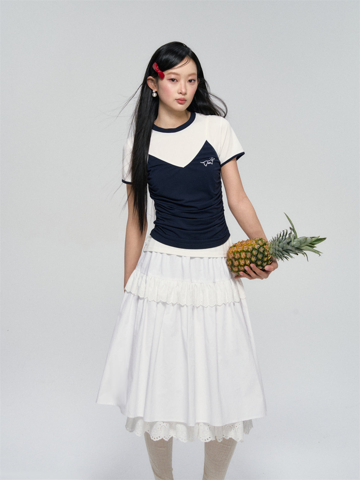 AsGony ASG25063 Color blocking strap style fake two-piece T-shirt