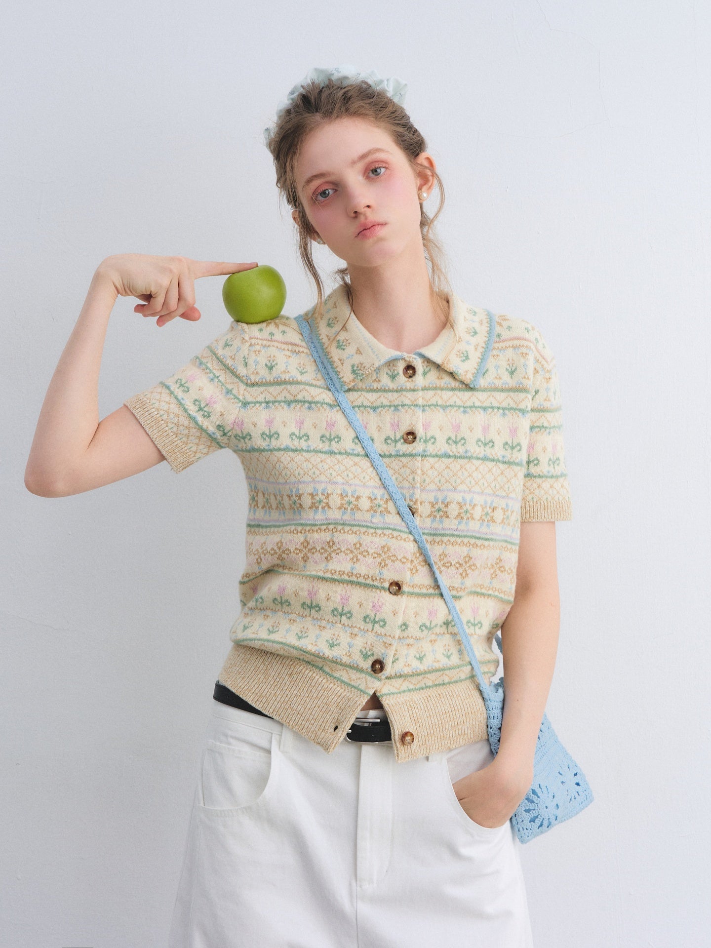 AsGony ASG25659 Fel Island wool jacquard knitted short sleeved top