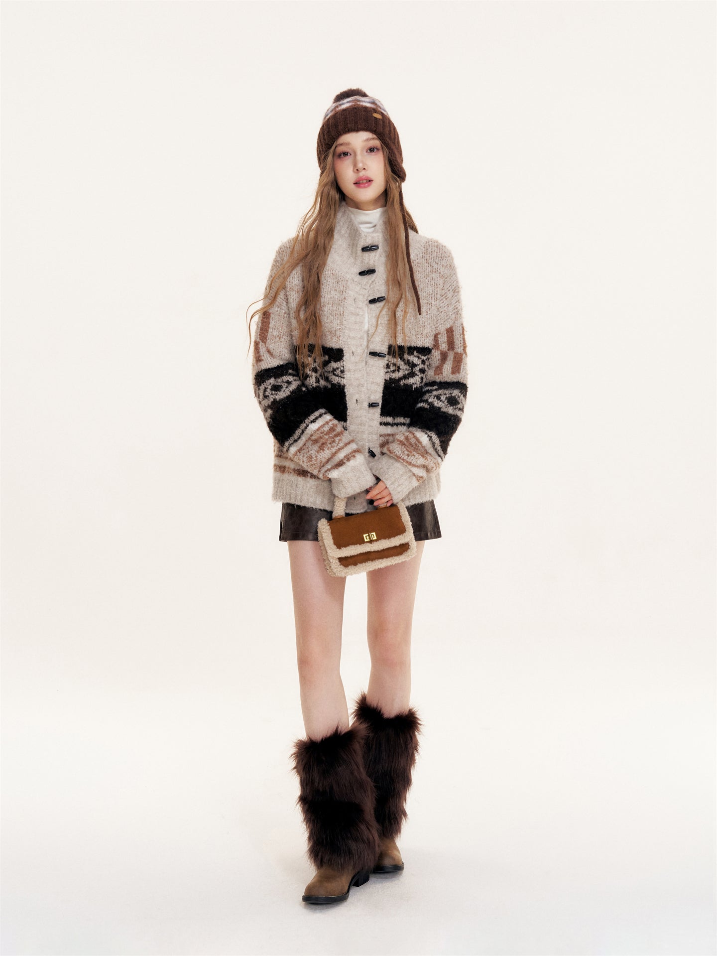 16DEWS 16D25386 Fair Isle Lapel Loosely Knitted Sweater