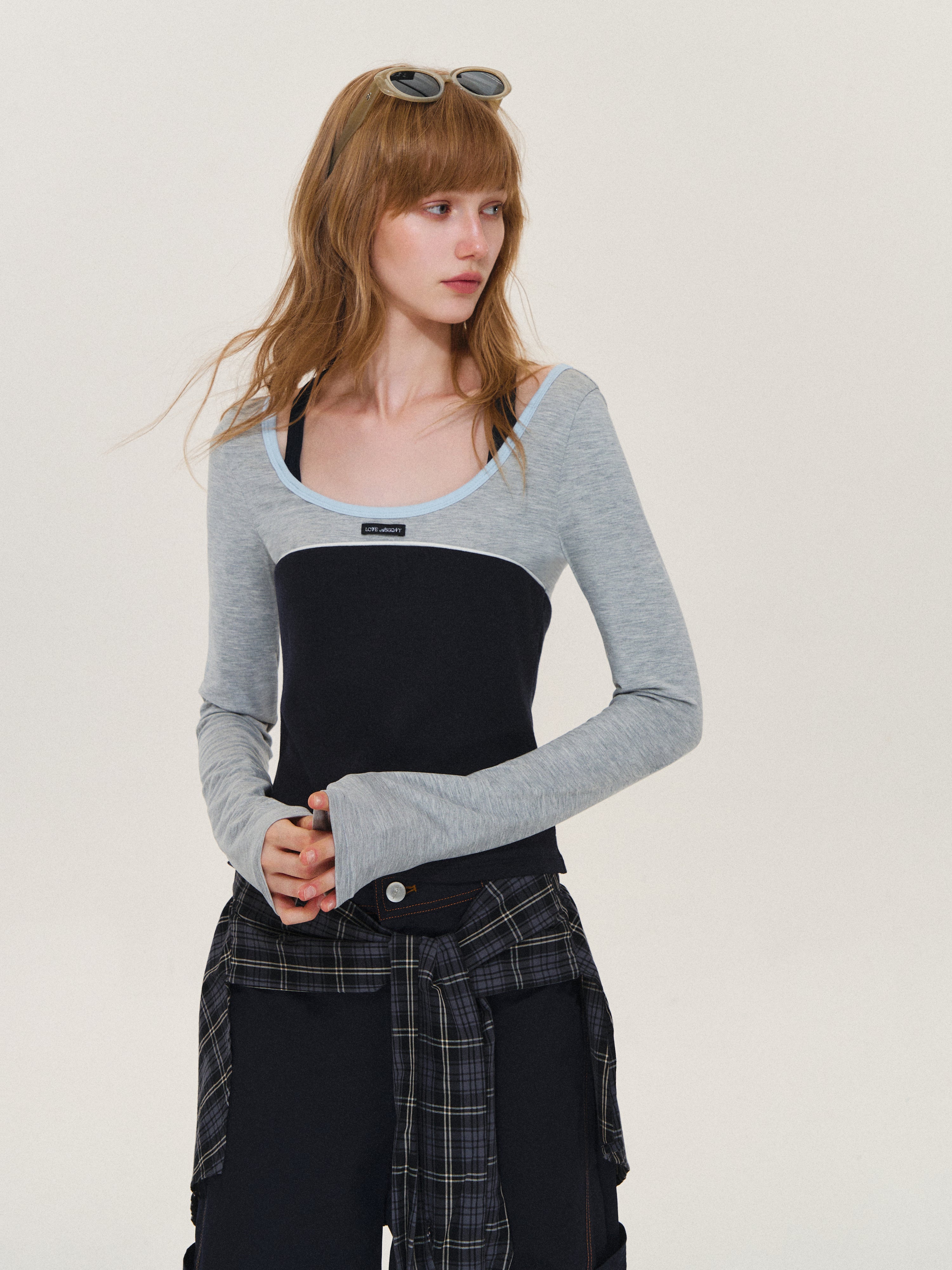 Asgony ASG26614 Ballet-Core U-Neck Faux Layered Top