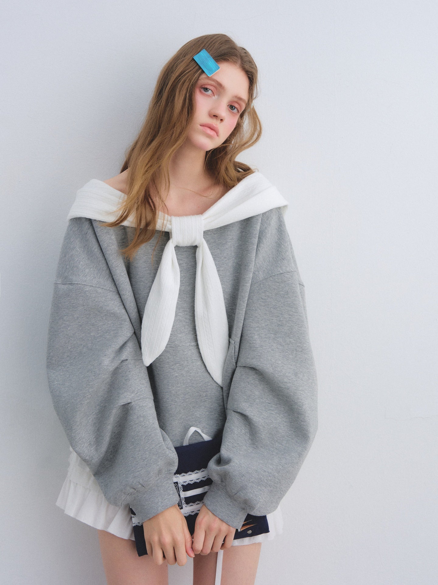 AsGony ASG25643 Rabbit ear one shoulder hooded sweatshirt