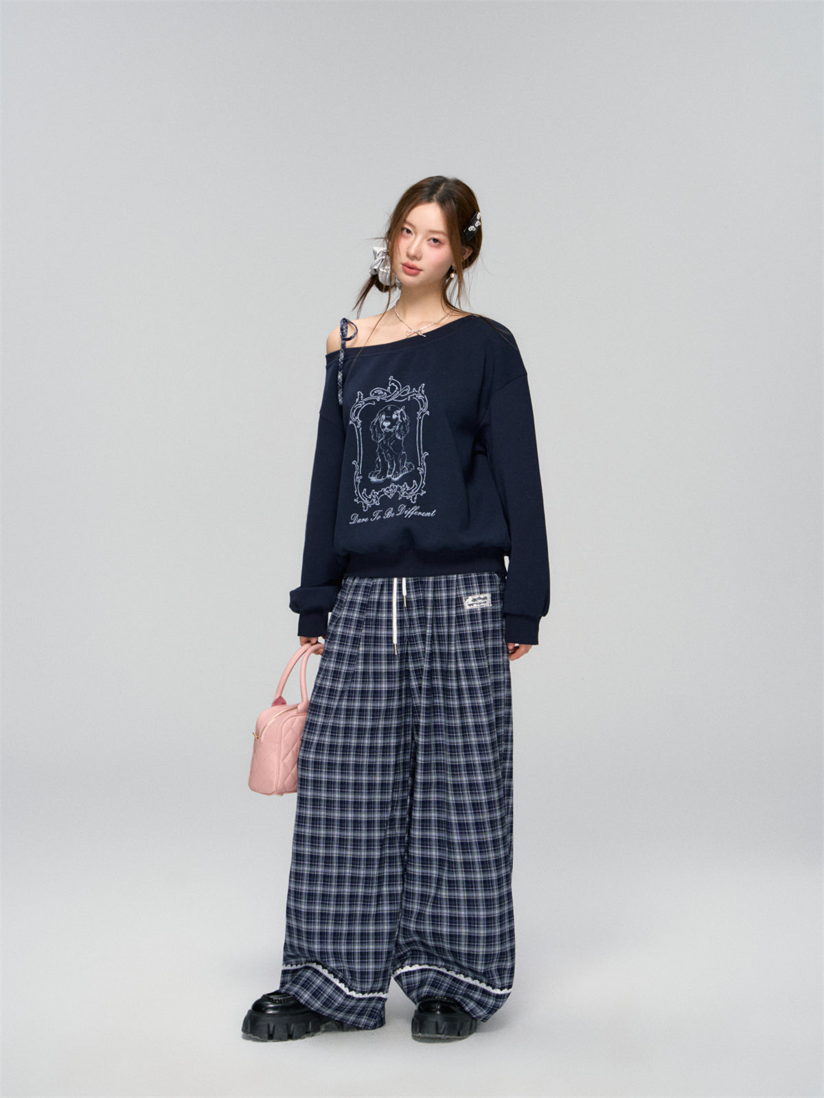 AsGony ASG24746Lace plaid wide leg pants