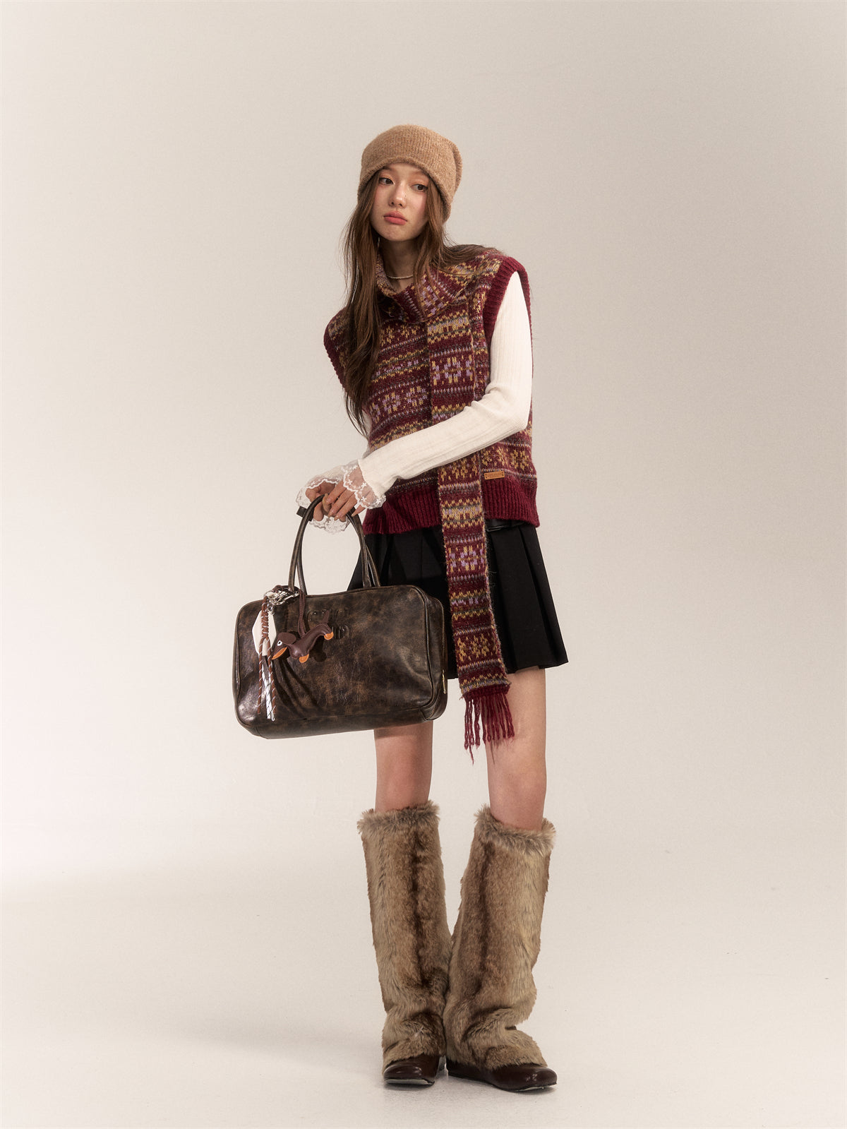 AsGony ASG24618 Fair Isle wool-blend vest and scarf set