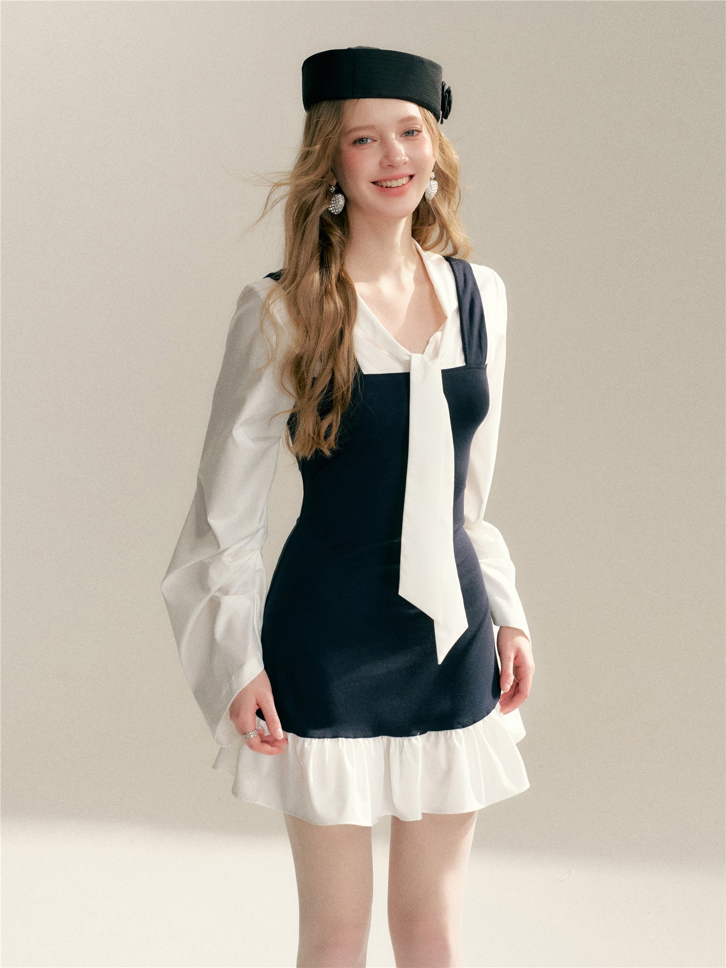 16DEWS 16D26015 Fake two V-neck lace up contrasting splicing slim fit dress