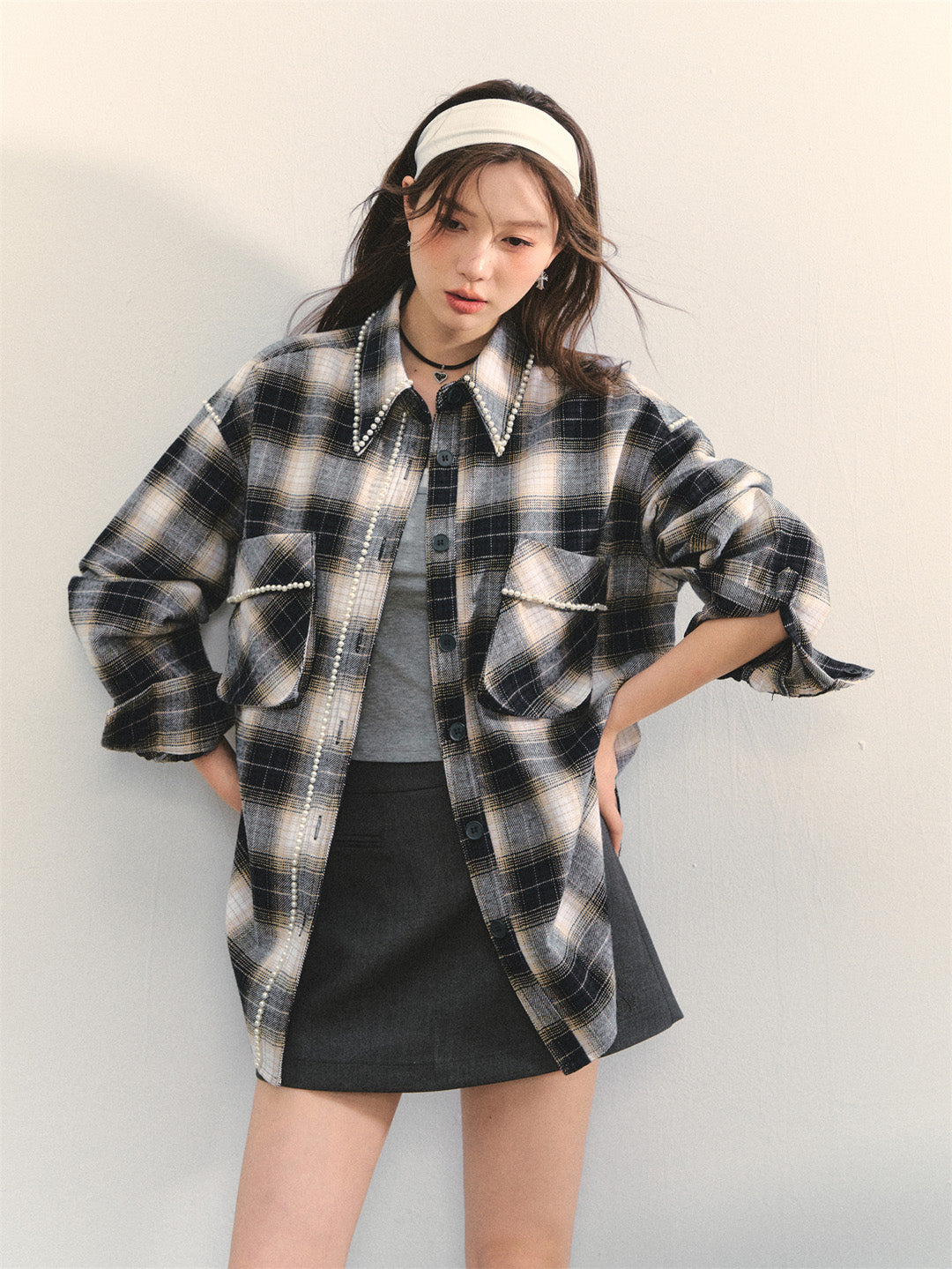 AsGony ASG25330 Navy blue checkered handmade pearl shirt