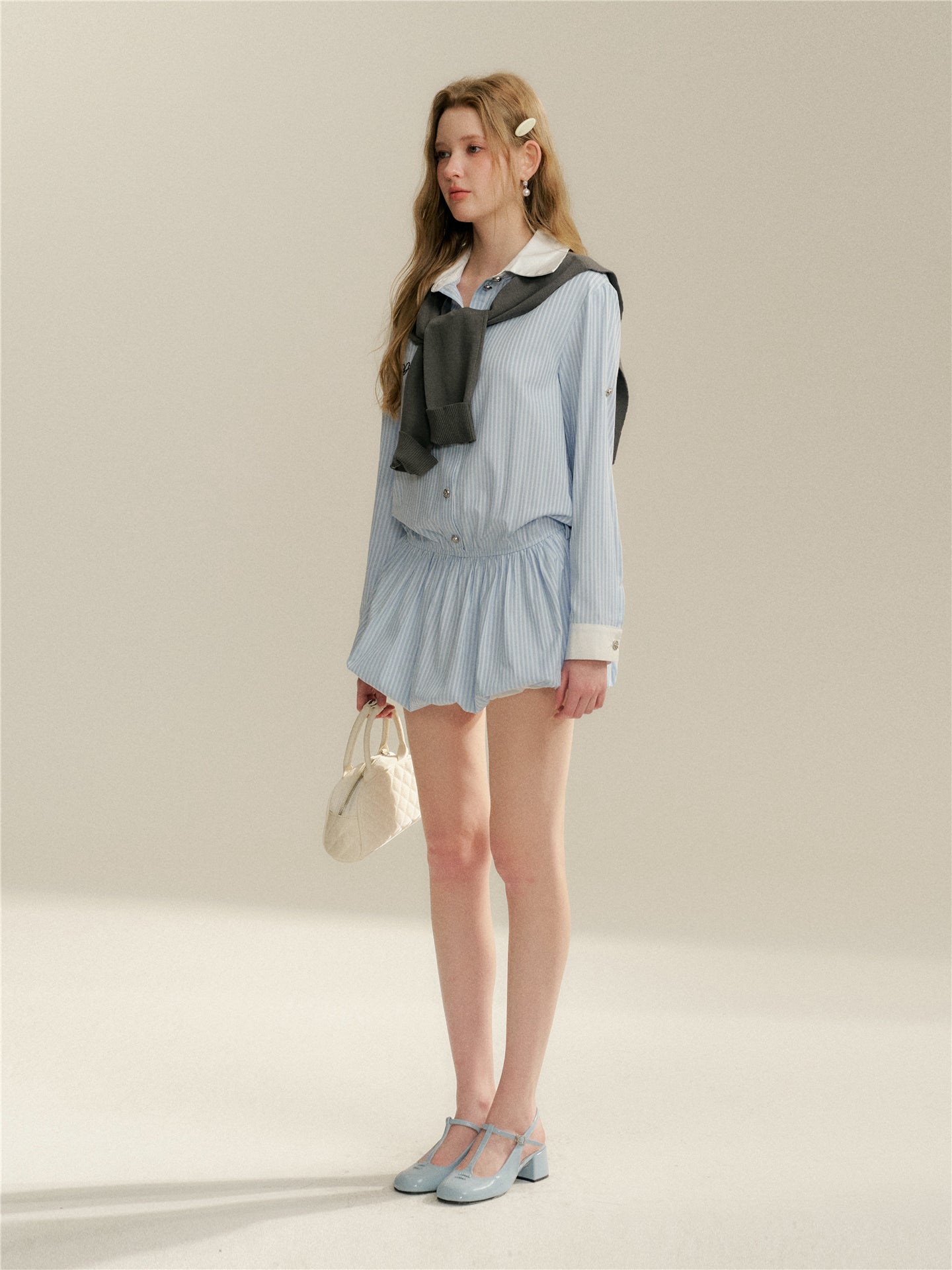 16DEWS 16D26047 Splicing striped shirt flower bud dress